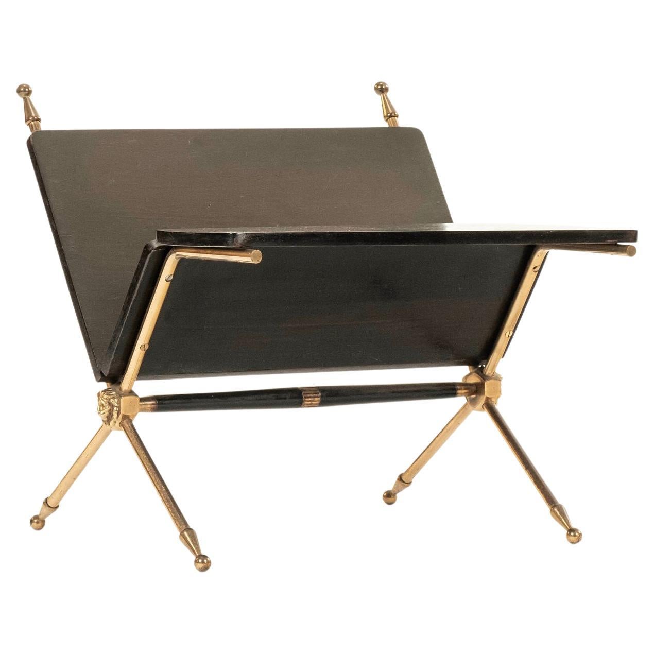 Maison Jansen Style Brass Ebonized Wood Magazine Rack