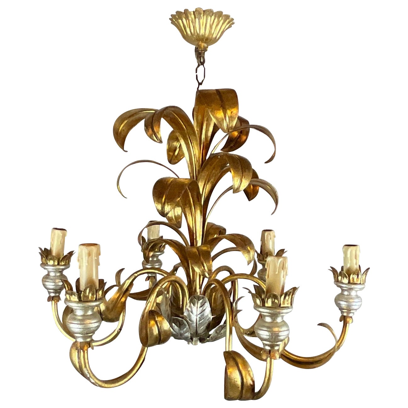 Lampadario a 6 luci a foglia d'ottone in stile Maison Jansen