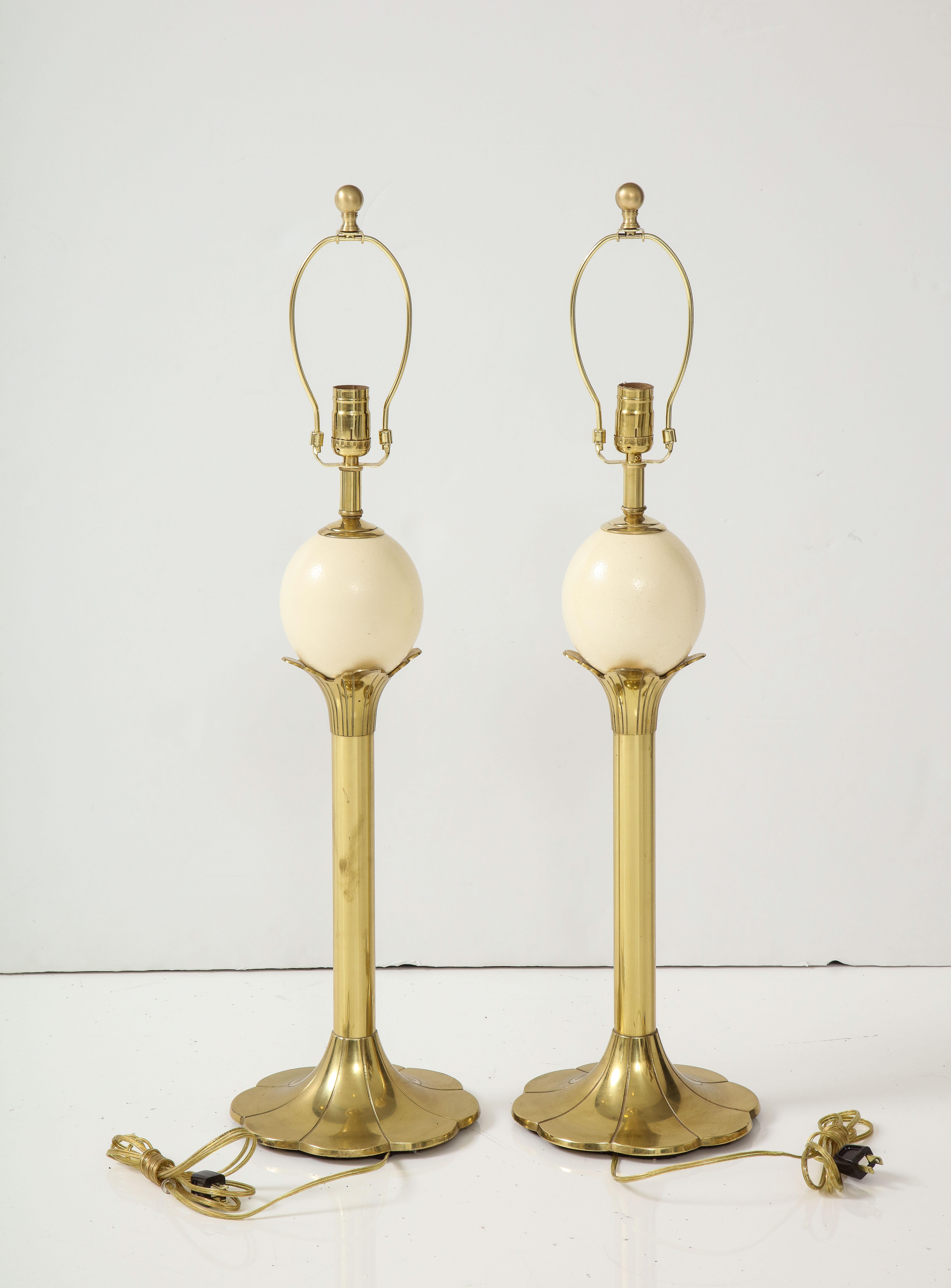 Hollywood Regency Maison Jansen Style Brass, Ostrich Egg Lamps For Sale