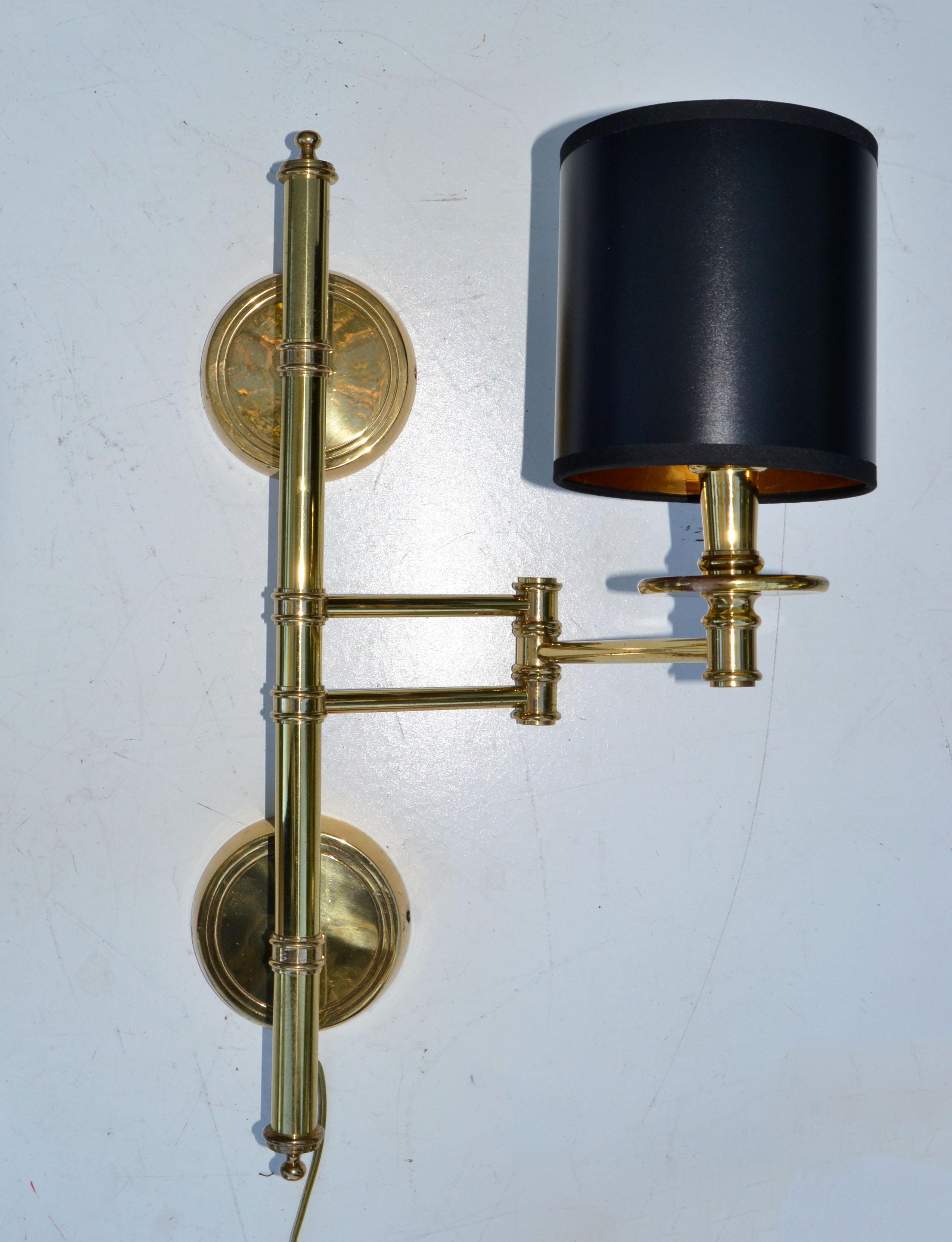 Retractable Wandleuchte aus Messing im Maison Jansen-Stil, schwarz-goldener Trommelschirm im Angebot 10