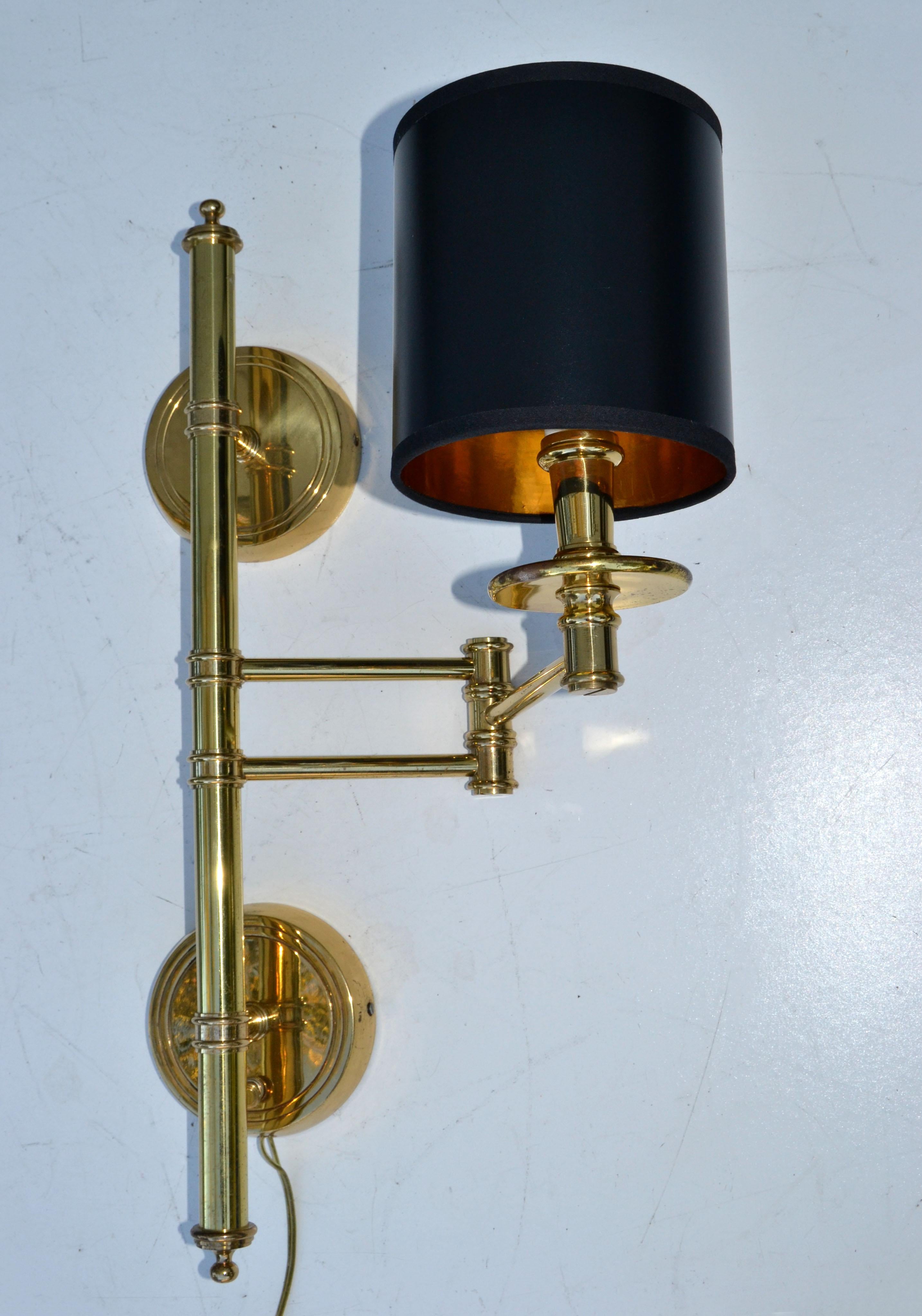 Mid-Century Modern Maison Jansen Style Brass Retractable Sconce Wall Light Black & Gold Drum Shade For Sale