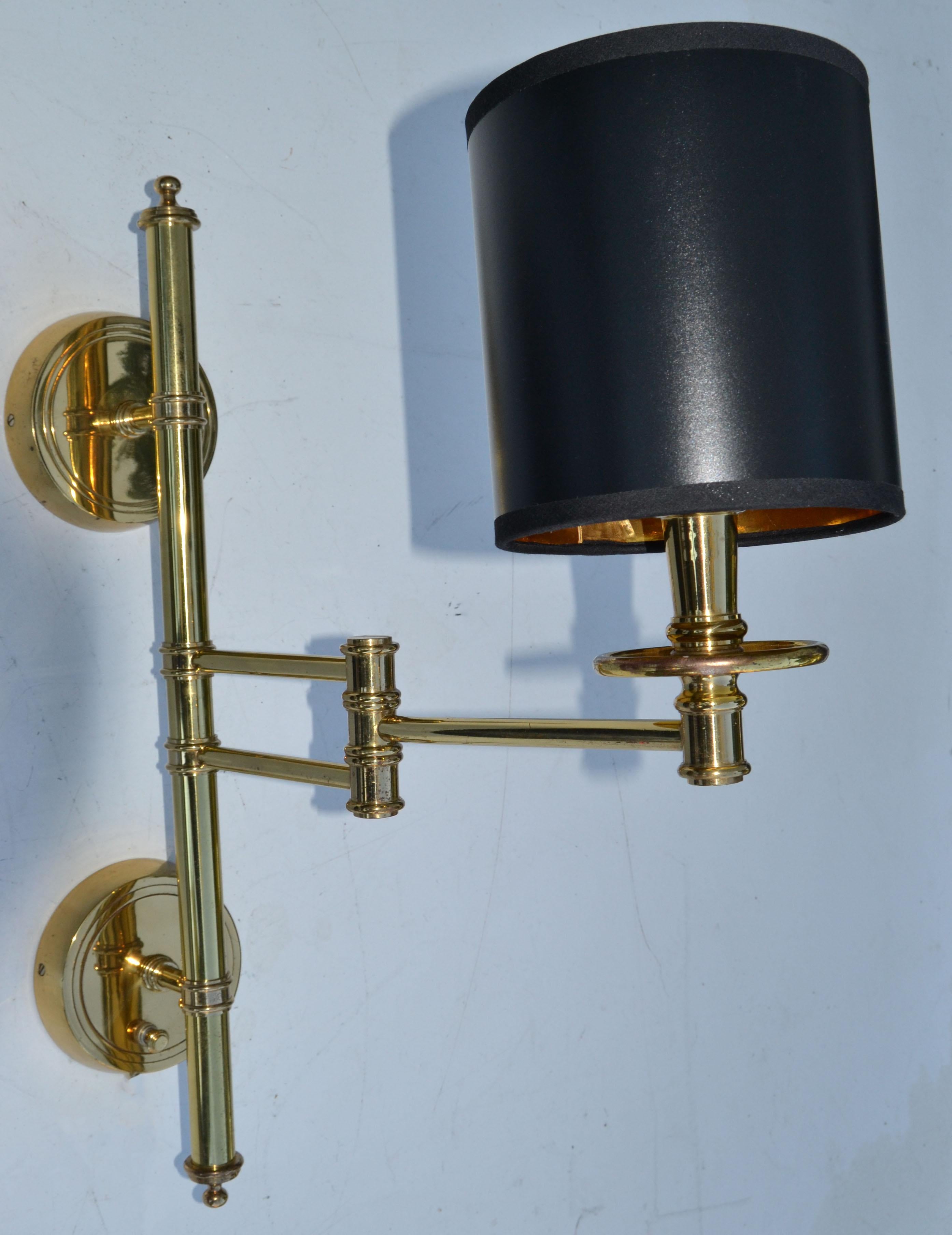 French Maison Jansen Style Brass Retractable Sconce Wall Light Black & Gold Drum Shade For Sale