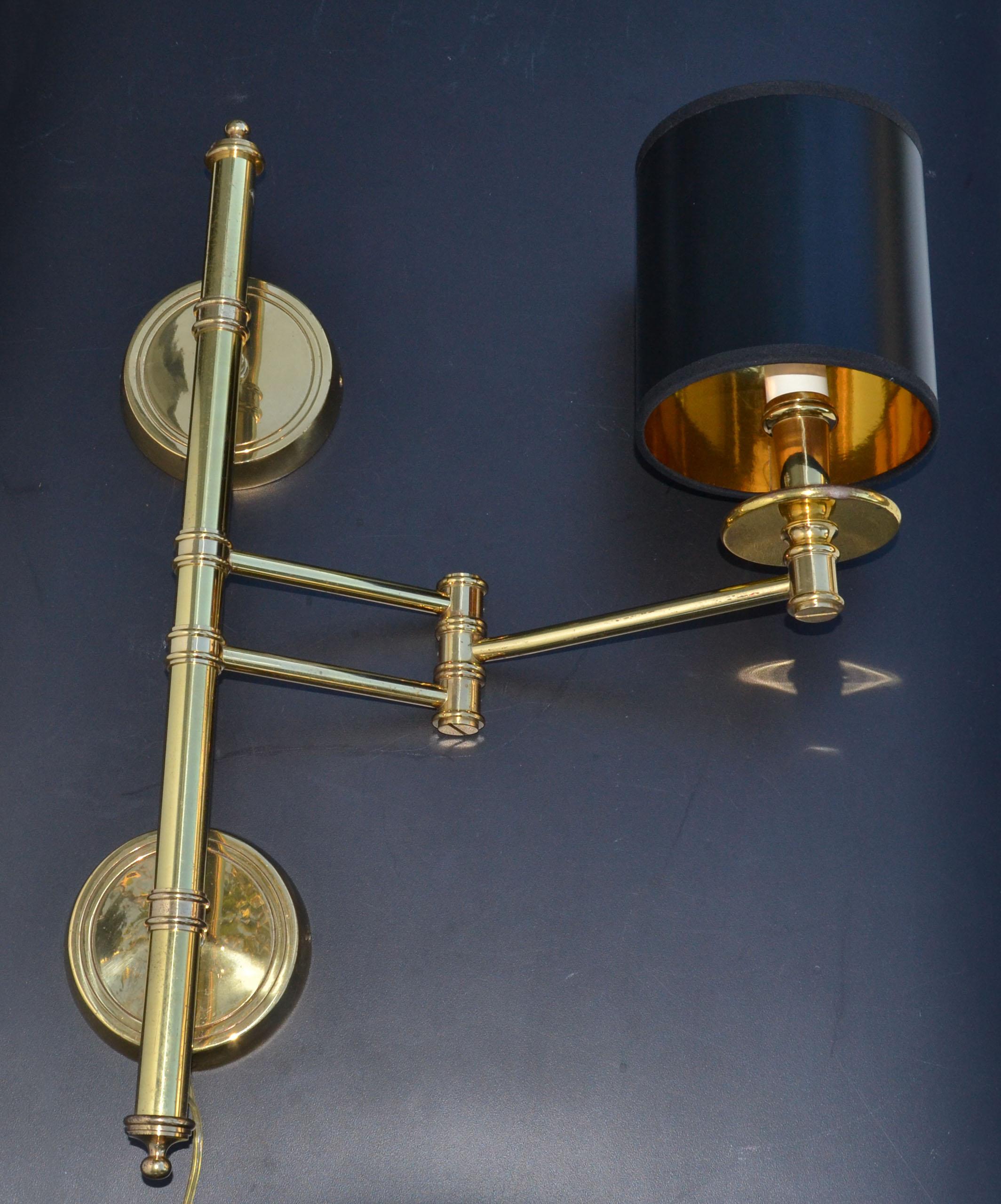 Polished Maison Jansen Style Brass Retractable Sconce Wall Light Black & Gold Drum Shade
