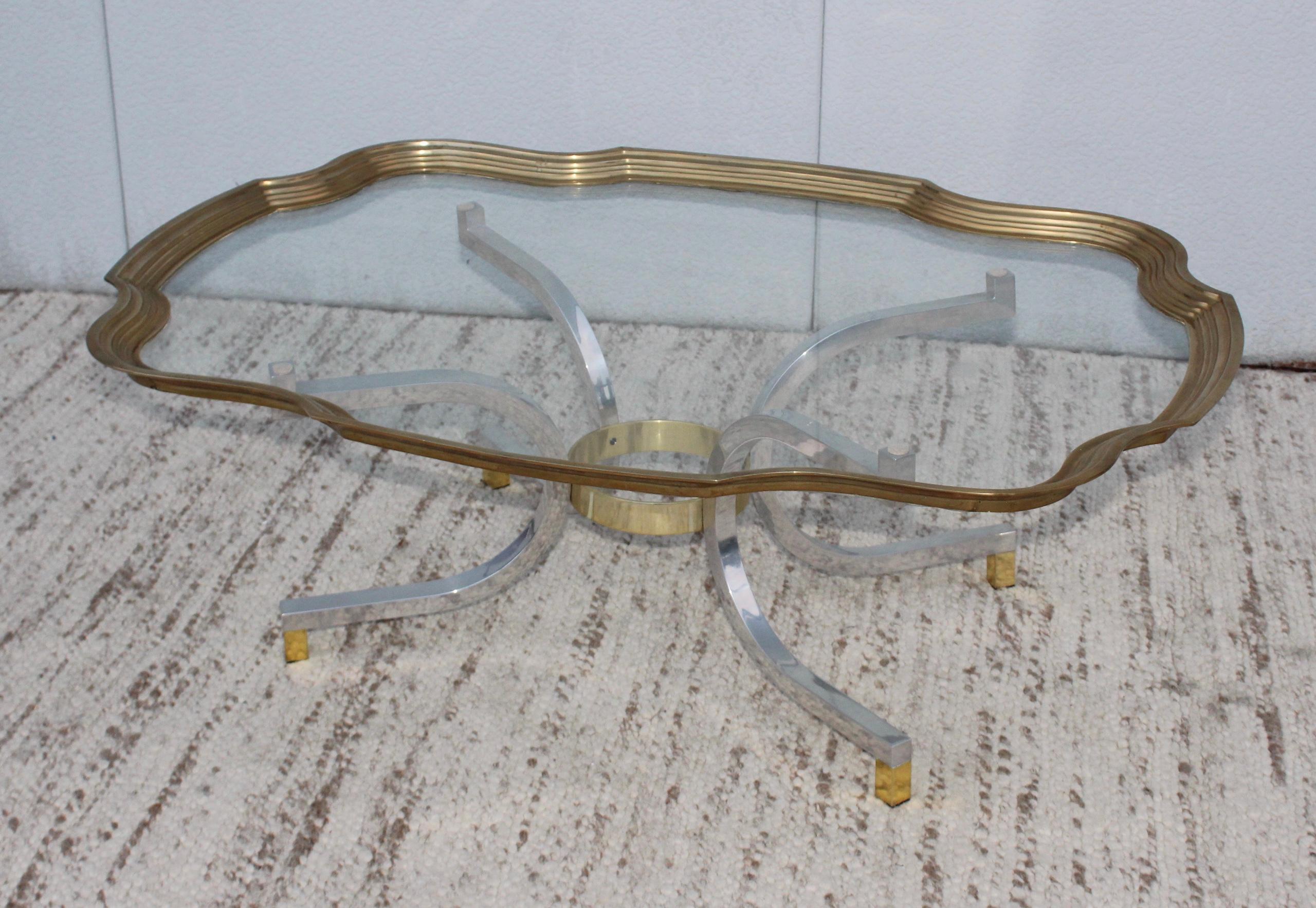 1970s Maison Jansen Style brass and glass tray top with aluminum and brass base.