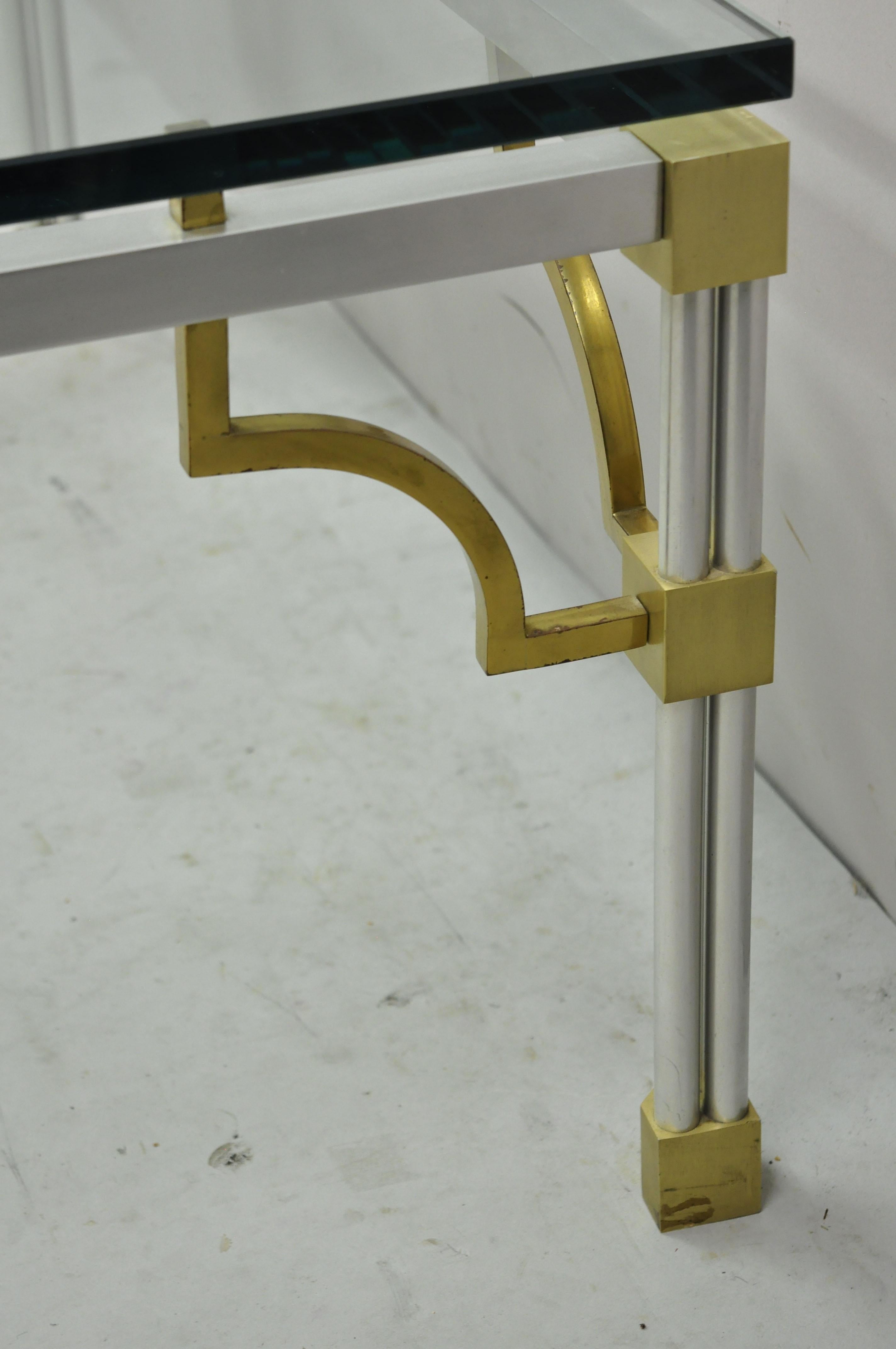 Maison Jansen Style Brushed Aluminum Brass Greek Key Fretwork Glass Coffee Table For Sale 4