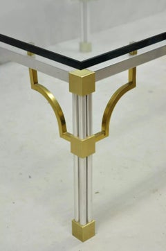 Maison Jansen Style Brushed Aluminum Brass Greek Key Fretwork Glass Coffee Table
