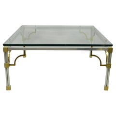 Maison Jansen Style Brushed Aluminum Brass Greek Key Fretwork Glass Coffee Table
