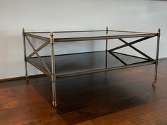 Maison Jansen Style Brushed Brass X-Base Two-Tiered Coffee Table, 1980s