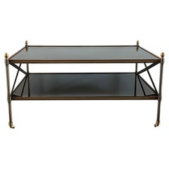 Maison Jansen Style Brushed Brass X-Base Two-Tiered Coffee Table, 1980s