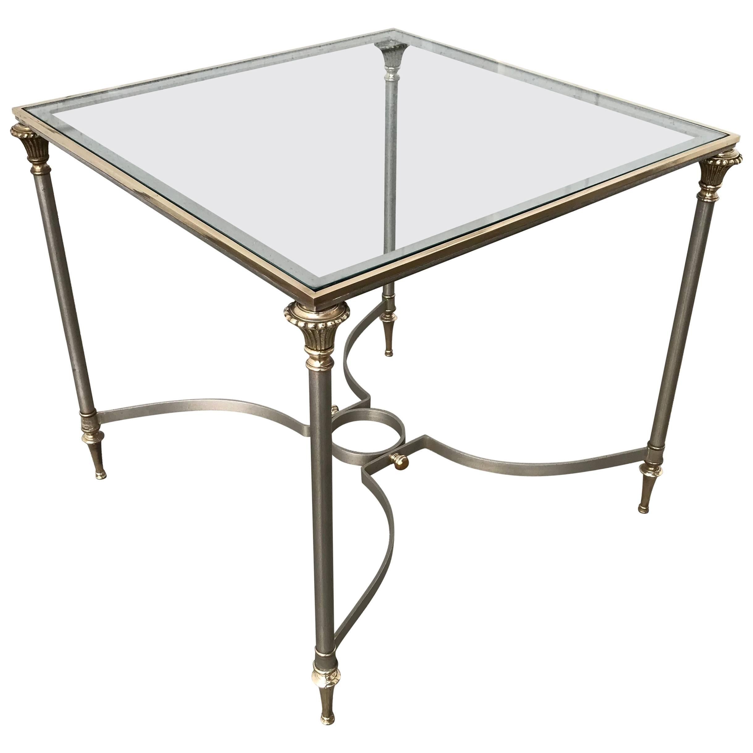 Maison Jansen Style Brushed Steel and Bronze Glass Topped Side Table