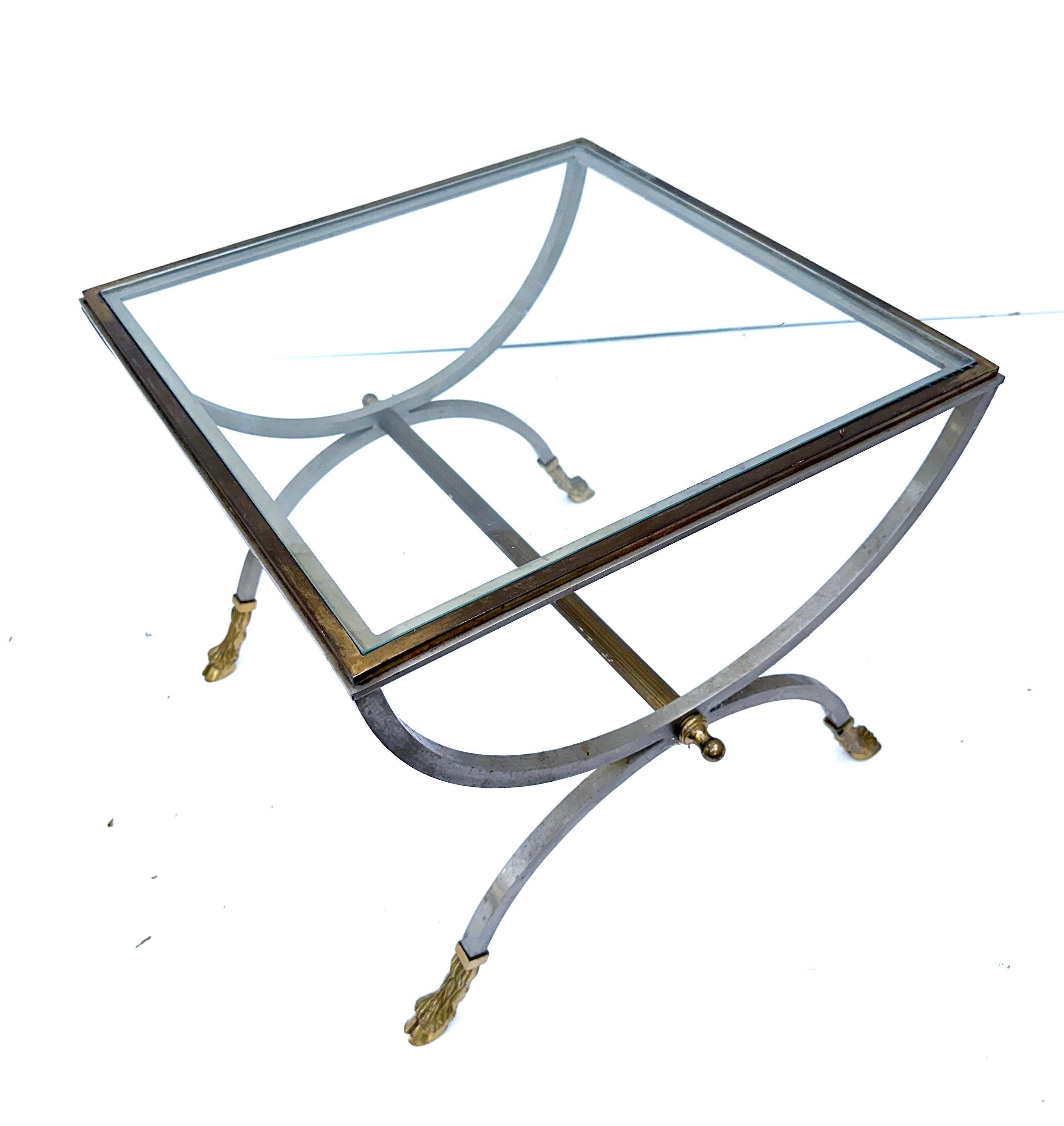Italian Maison Jansen Style Brushed Steel & Brass Curule Table Set