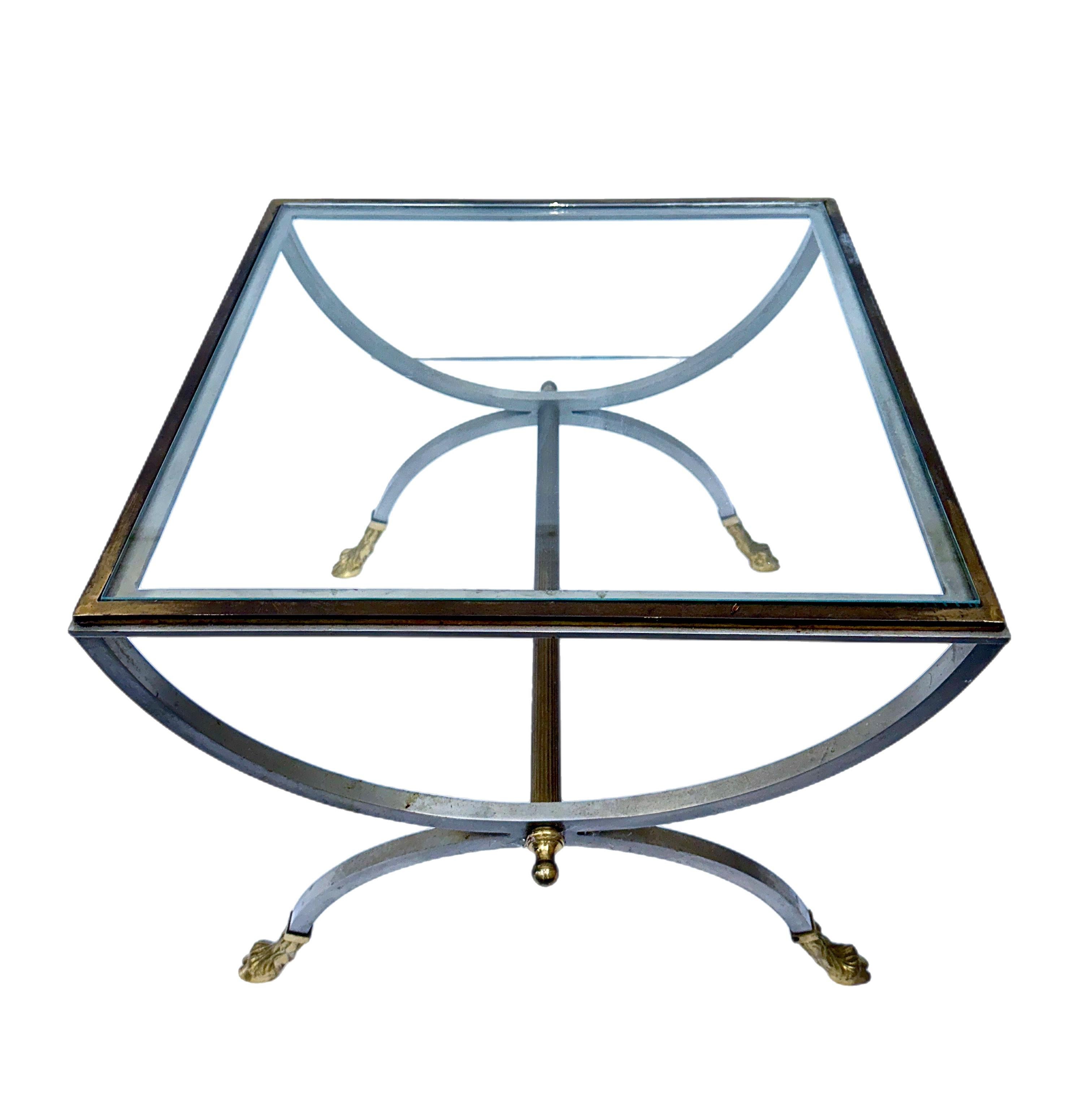 Maison Jansen Style Brushed Steel & Brass Curule Table Set 1