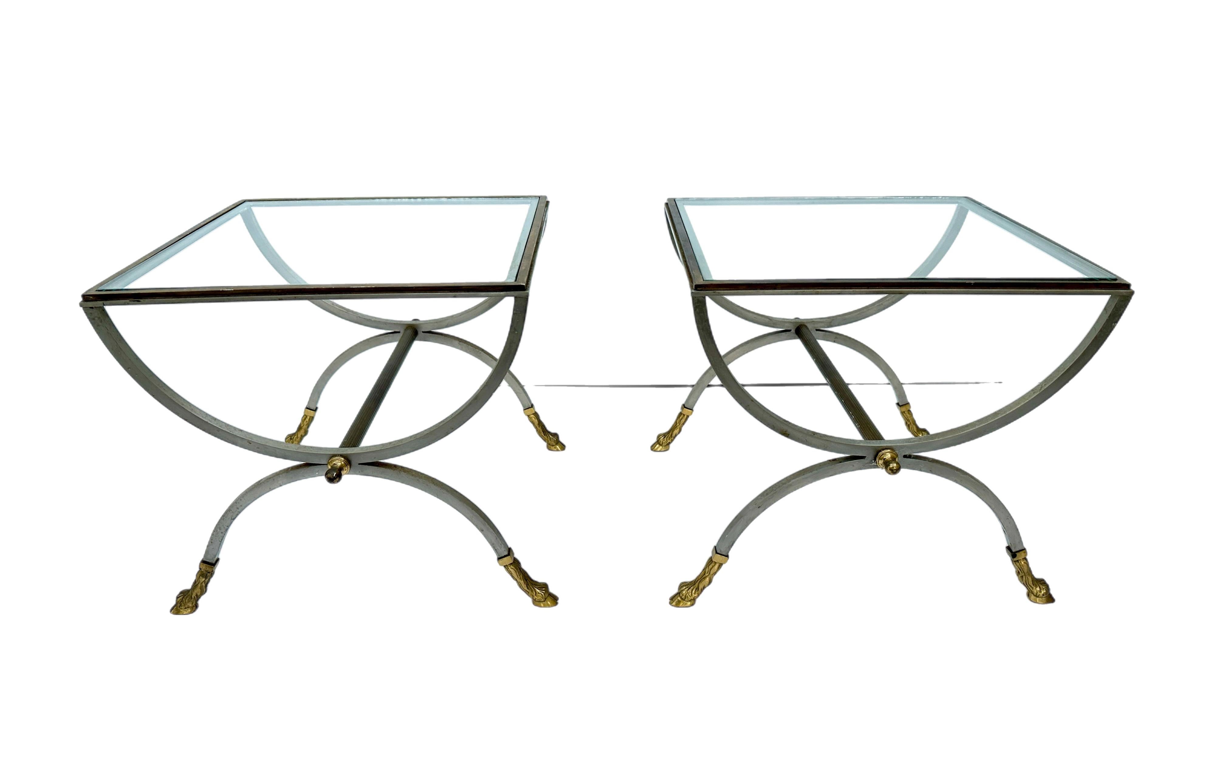 Maison Jansen Style Brushed Steel & Brass Curule Table Set 2