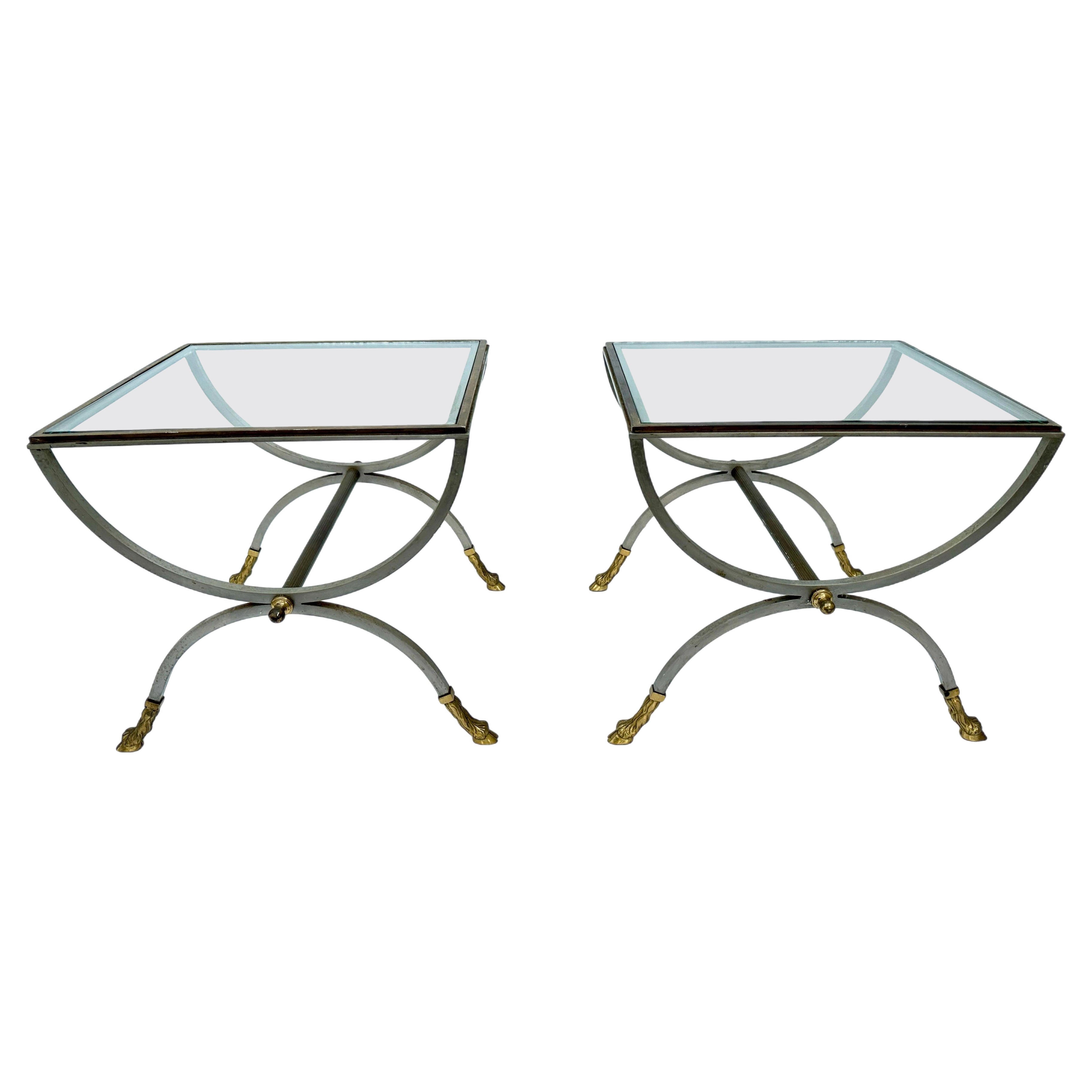 Maison Jansen Style Brushed Steel & Brass Curule Table Set