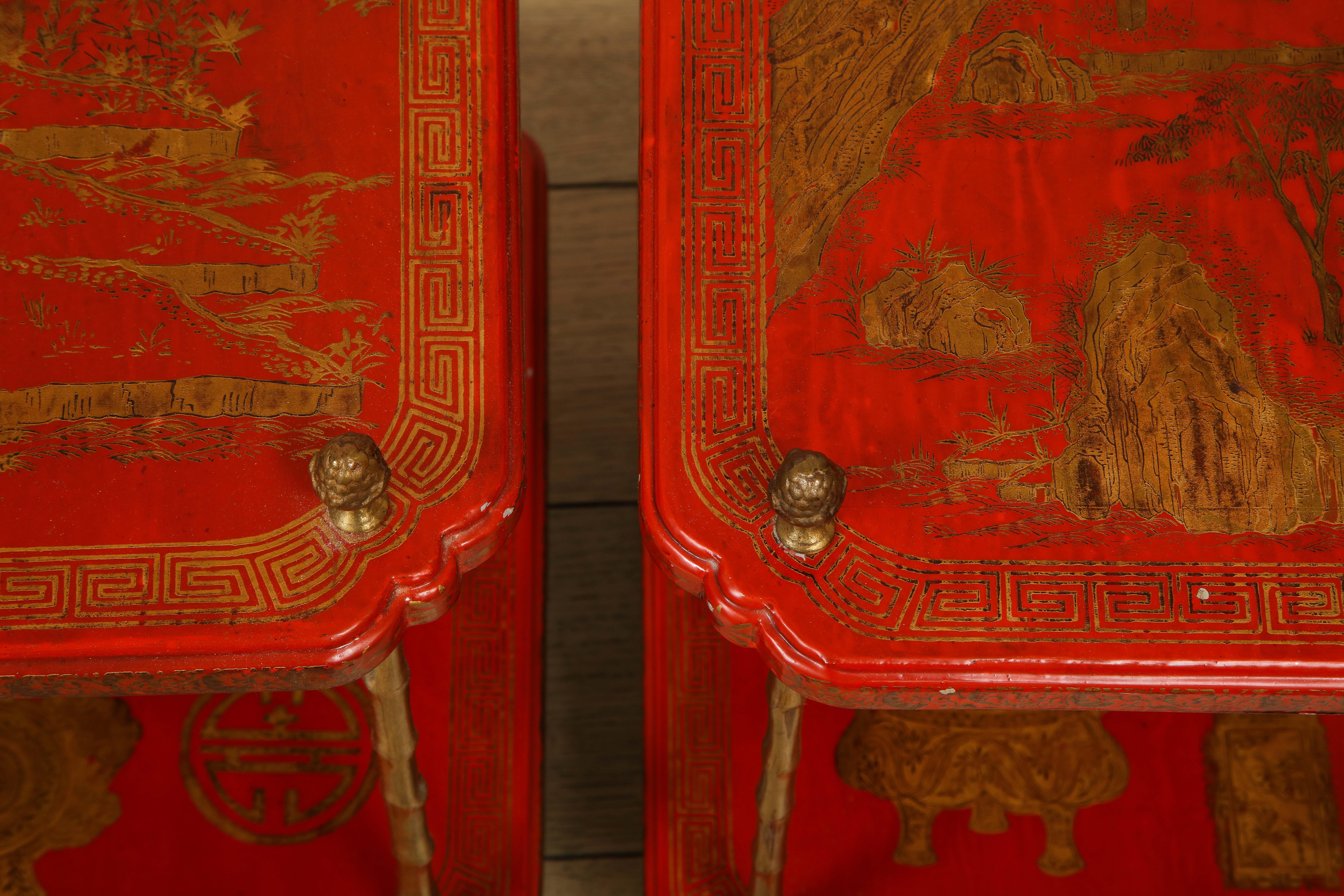 Beautiful pair of red lacquer tables with gold leaf accents, chinoiserie style.
The legs are bronze with bamboo shape. Rare pair, 1950s, France.

Measures: Height 25.5 in. (64.77 cm)
Width 21.75 in. (55.25 cm)
Depth 14.5 in. (36.83 cm).
 