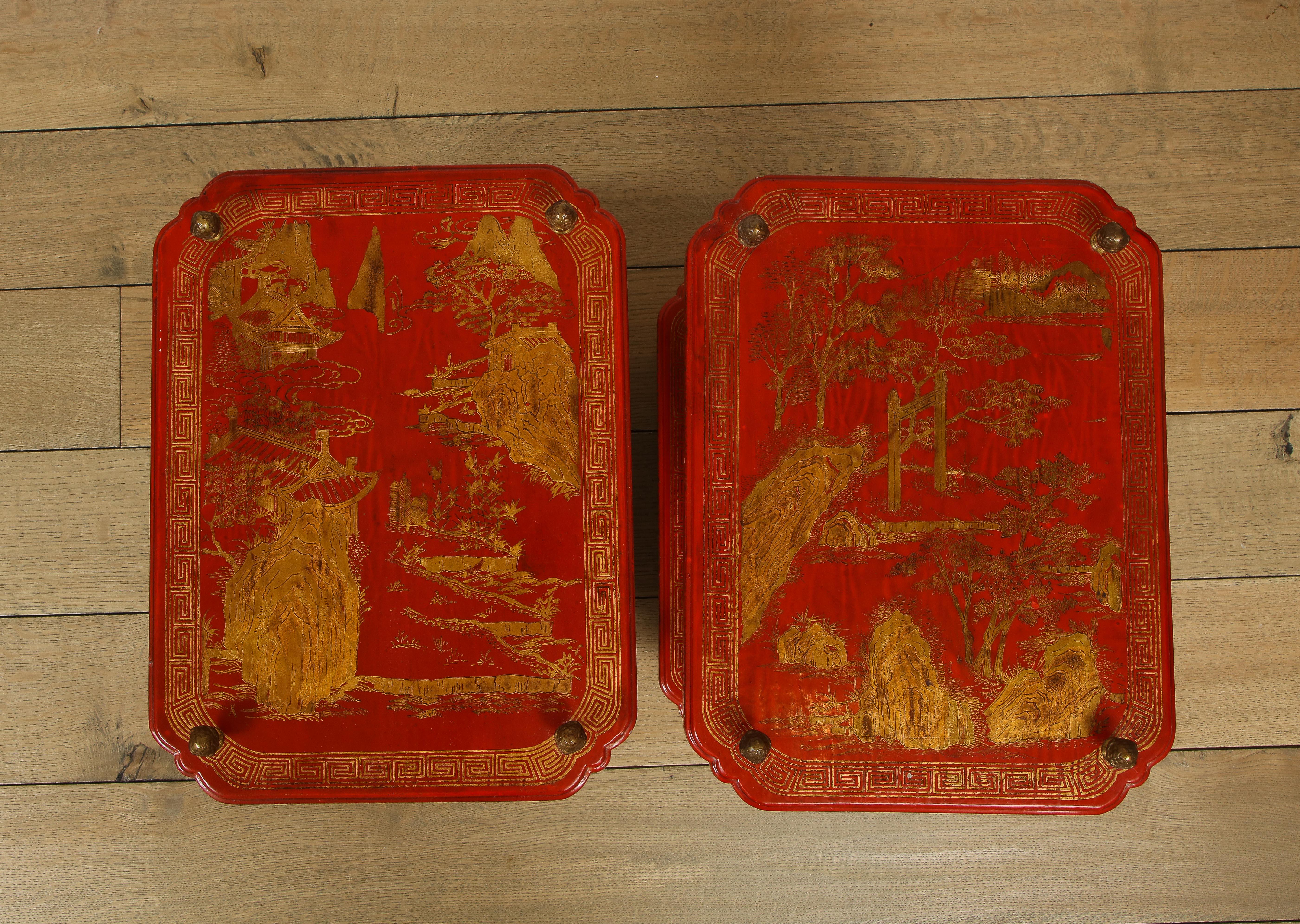 Mid-Century Modern Maison Jansen Style Chinoiserie Pair of Red Side Tables, France, 1950s