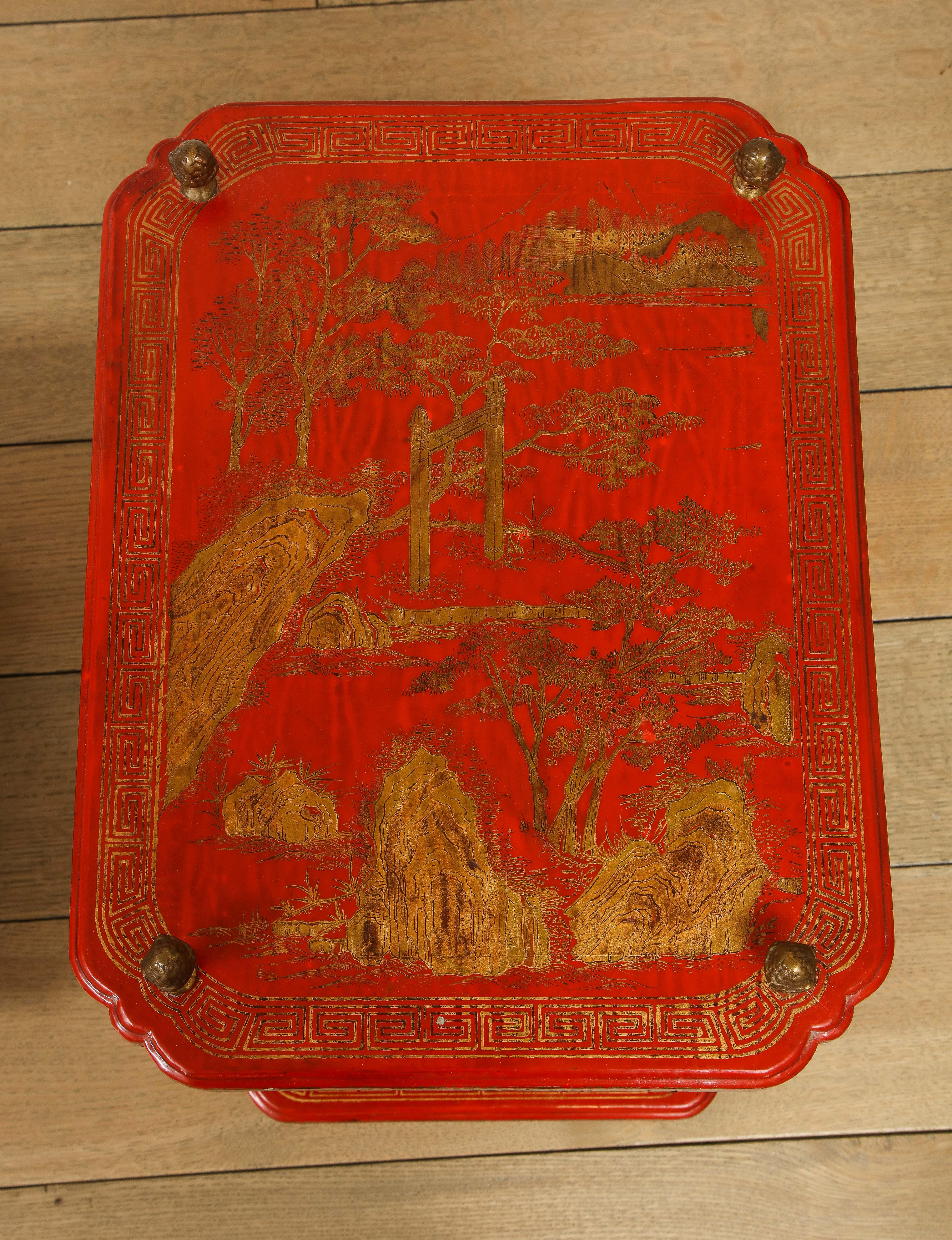 Maison Jansen Style Chinoiserie Pair of Red Side Tables, France, 1950s In Good Condition In New York, NY