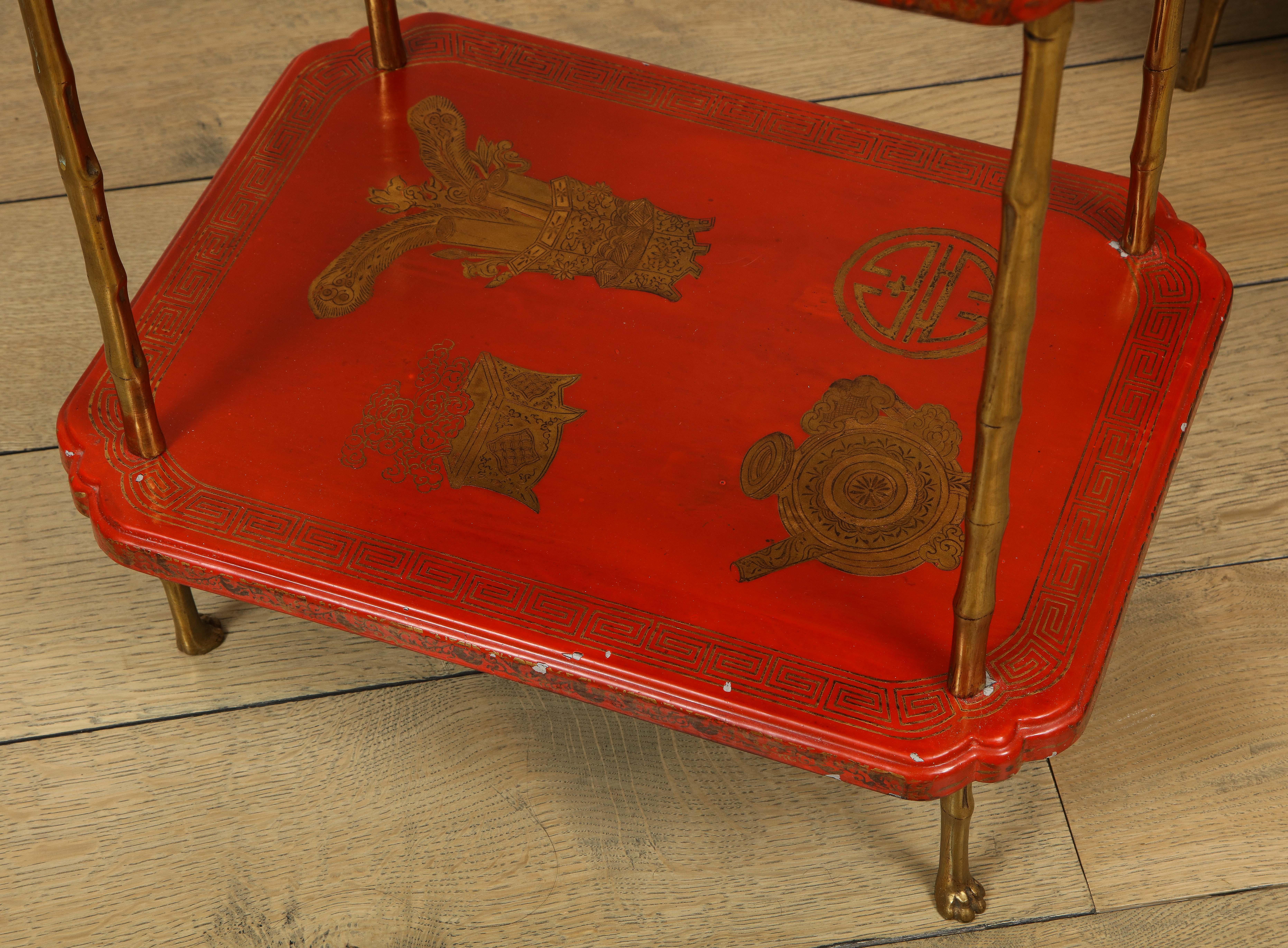 Bronze Maison Jansen Style Chinoiserie Pair of Red Side Tables, France, 1950s