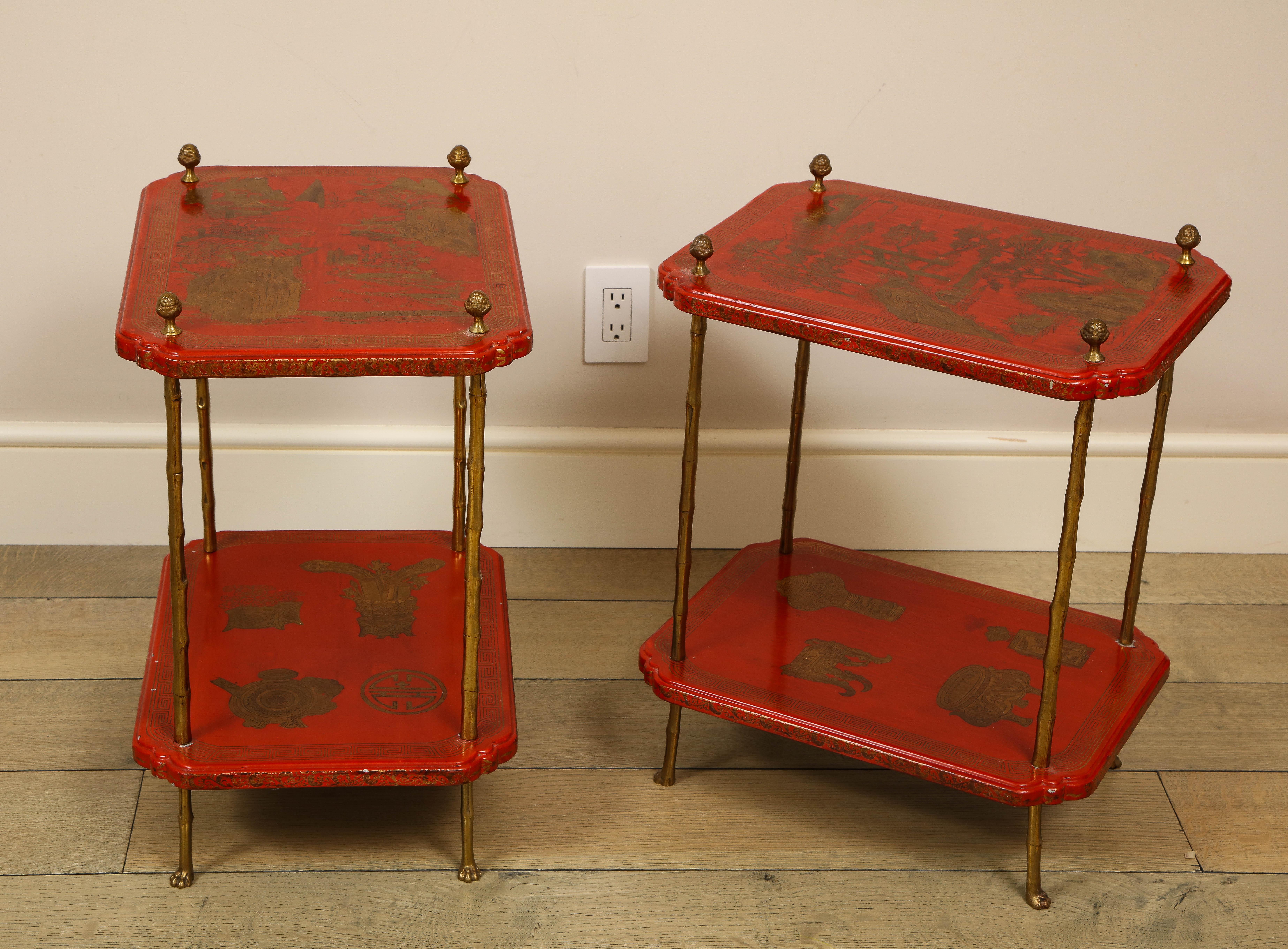 Maison Jansen Style Chinoiserie Pair of Red Side Tables, France, 1950s 1