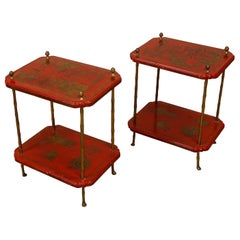 Maison Jansen Style Chinoiserie Pair of Red Side Tables, France, 1950s