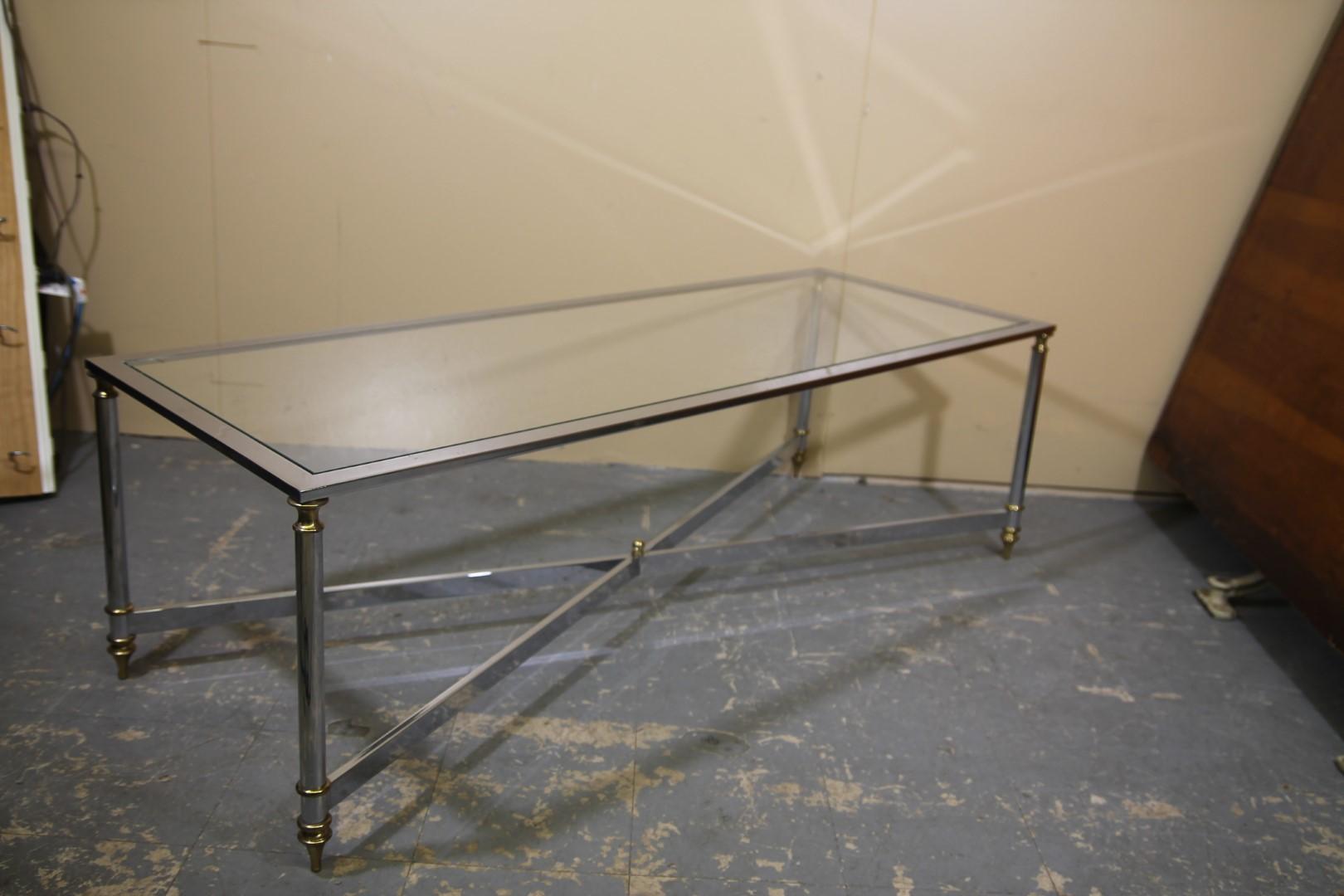 French Maison Jansen Style Chrome and Brass Coffee Table For Sale