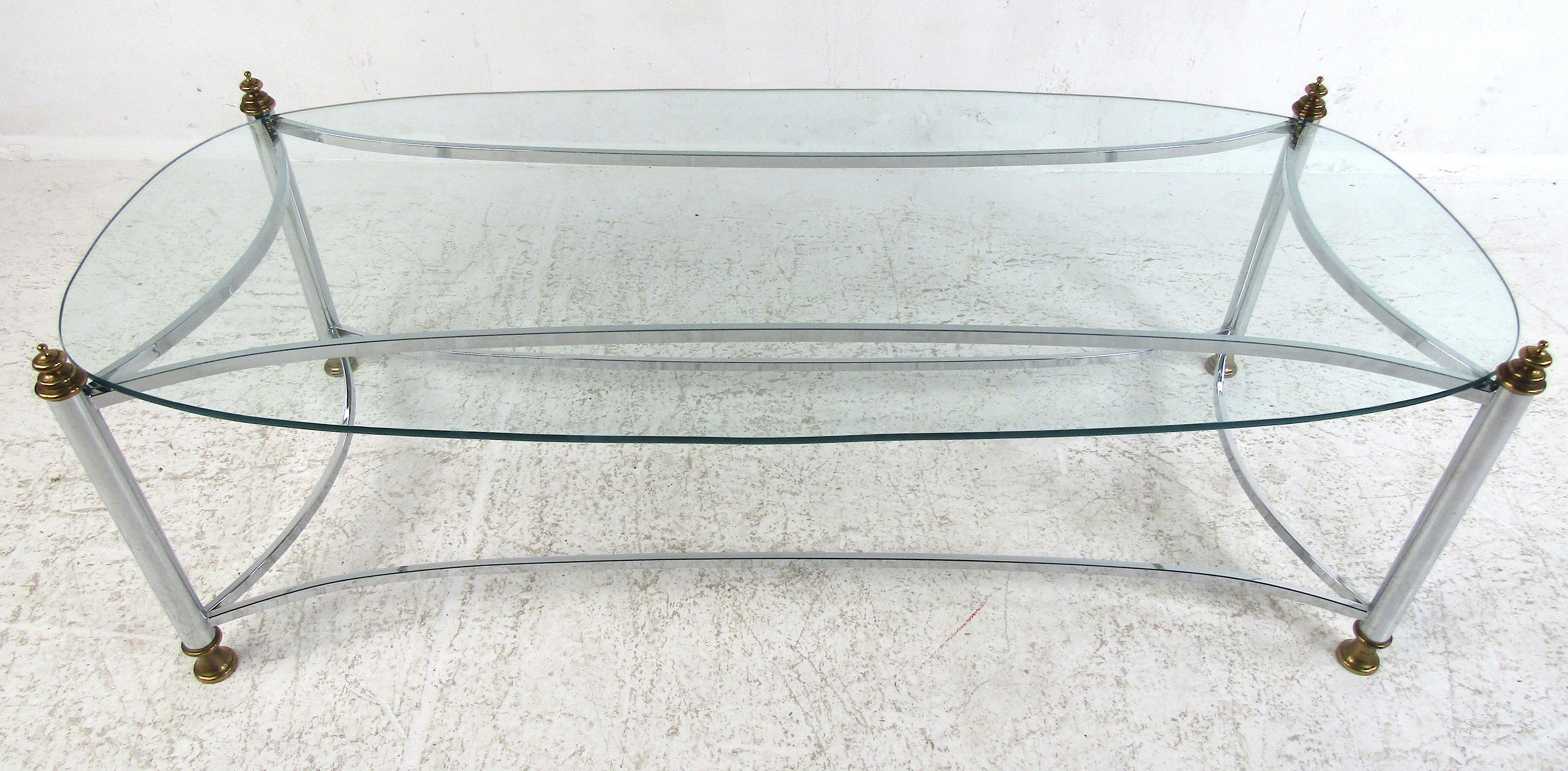 Maison Jansen Baguès style brass, chrome and glass coffee table, ideal for the Hollywood Regency or the Mid-Century Modern style home. Please confirm item location - NY or NJ - with dealer.
 