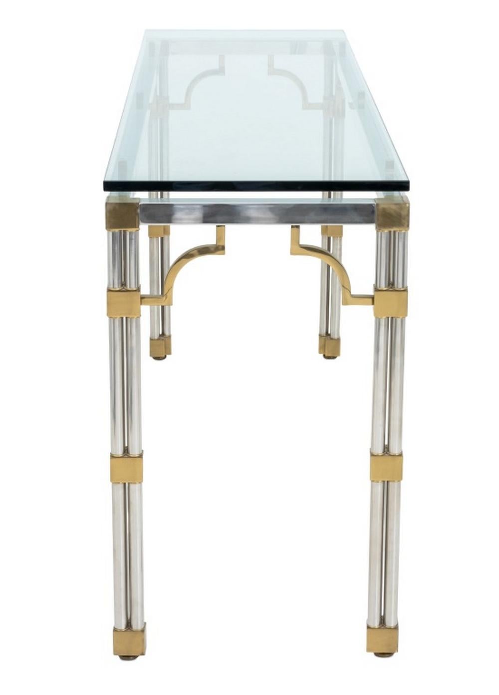 20ième siècle Table console de style Maison Jansen avec plateau en verre chromé en vente
