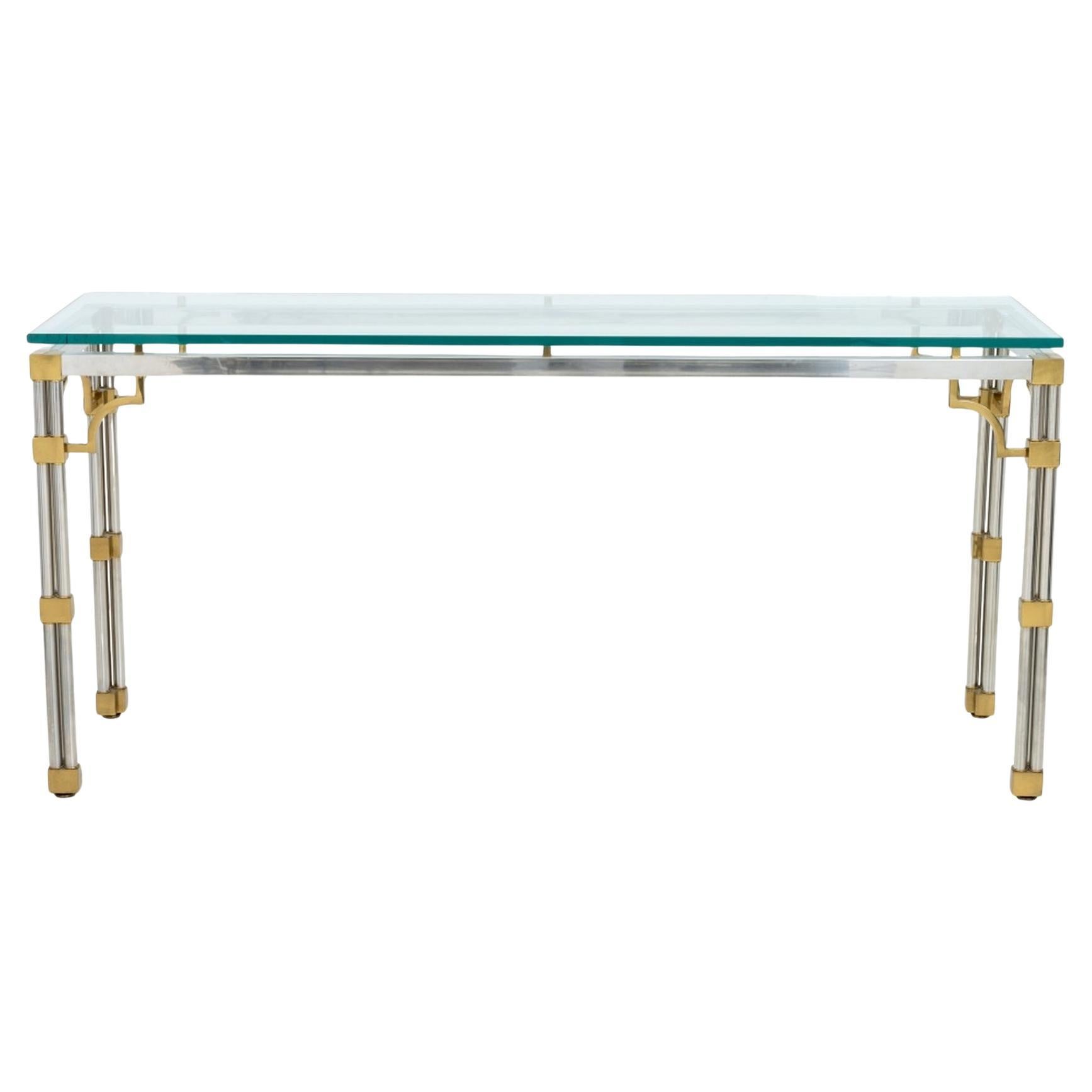 Tavolo consolle con piano in vetro cromato in stile Maison Jansen