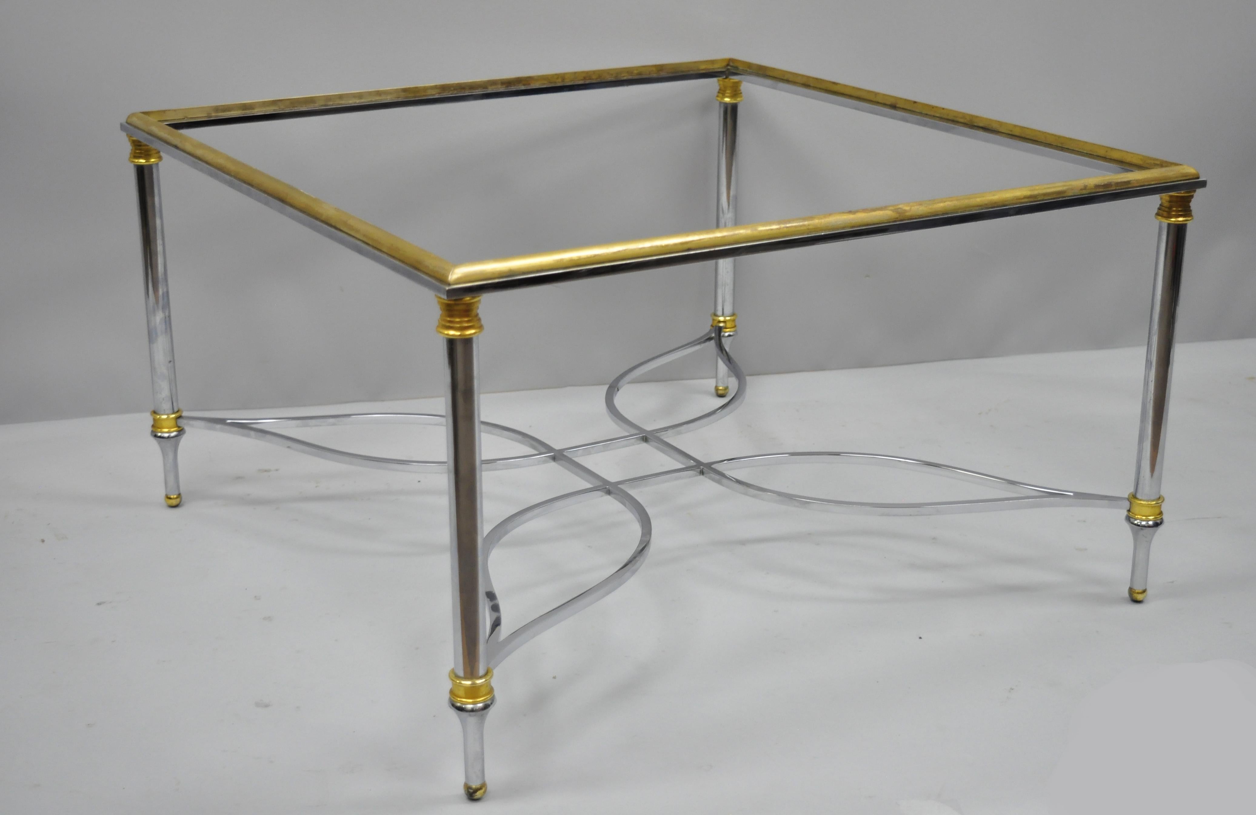 Maison Jansen style chrome steel and brass square coffee table base. Item features star form stretcher, brass rim and accents, tapered legs, and great style and form, circa 1960. Measurements: 17