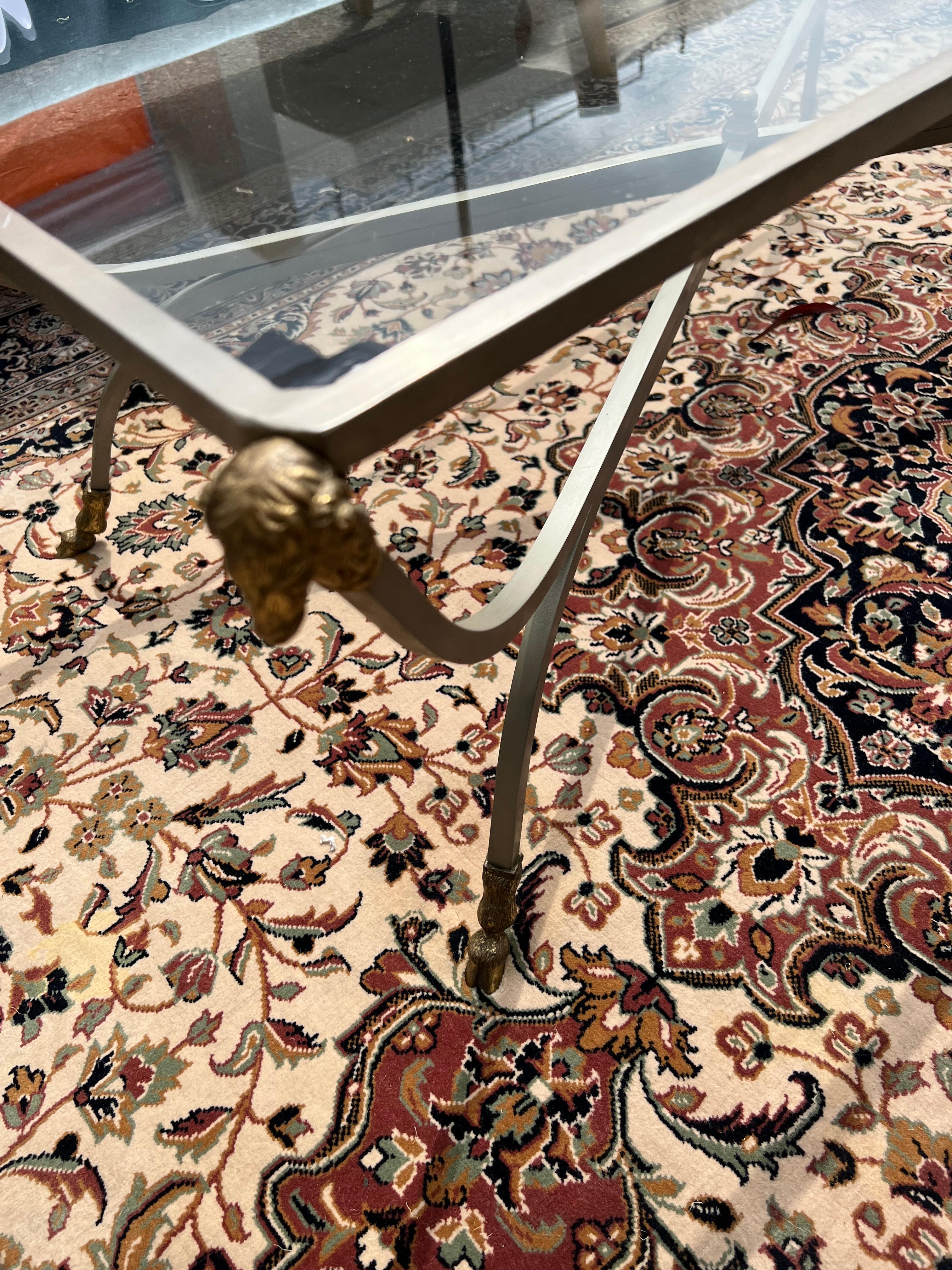 Mid-Century Modern Maison Jansen Style Cocktail Table with Brass Rams Head and Hoof Detail  For Sale