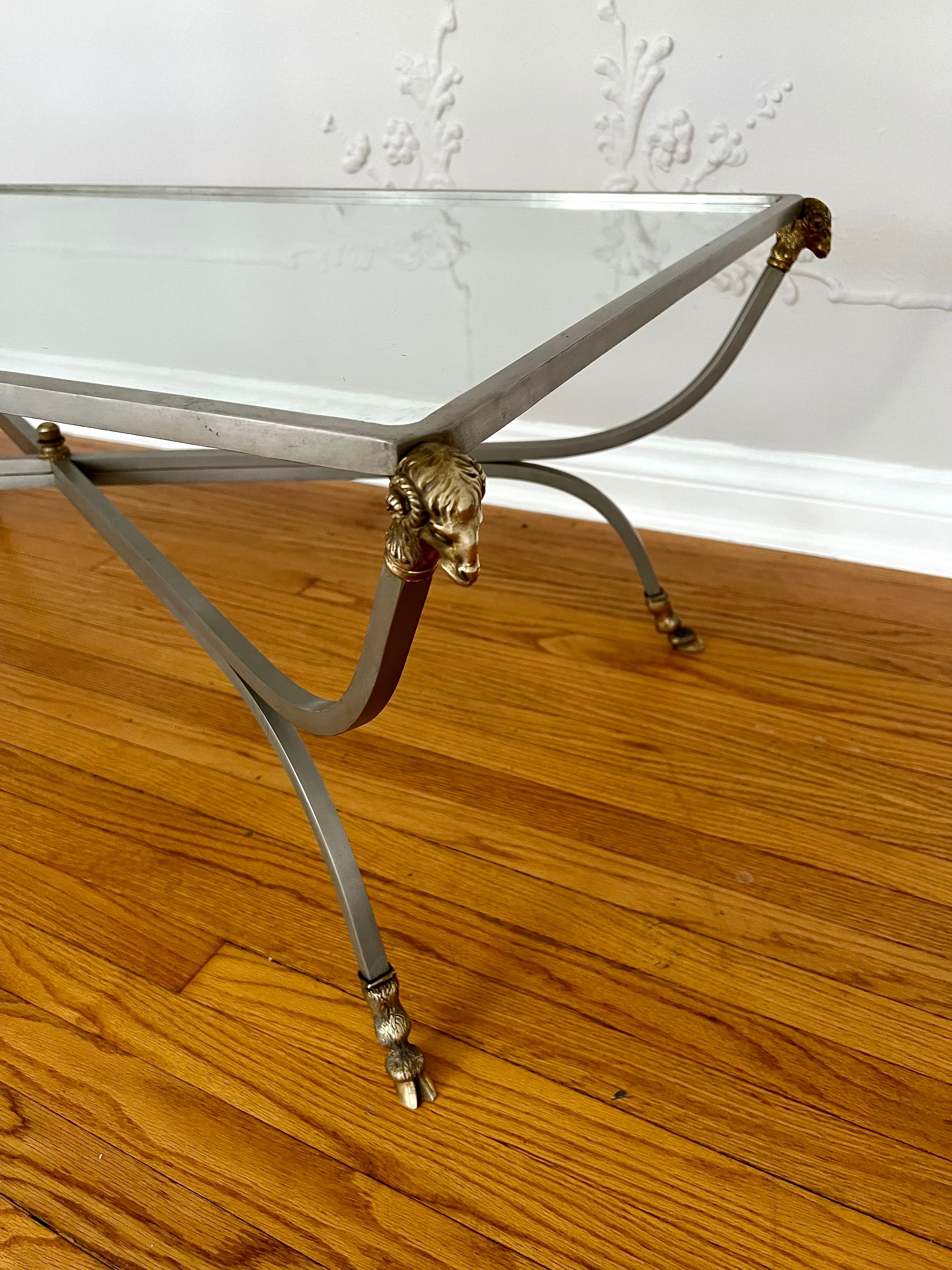 Hand-Crafted Maison Jansen Style Cocktail Table with Brass Rams Head and Hoof Detail  For Sale