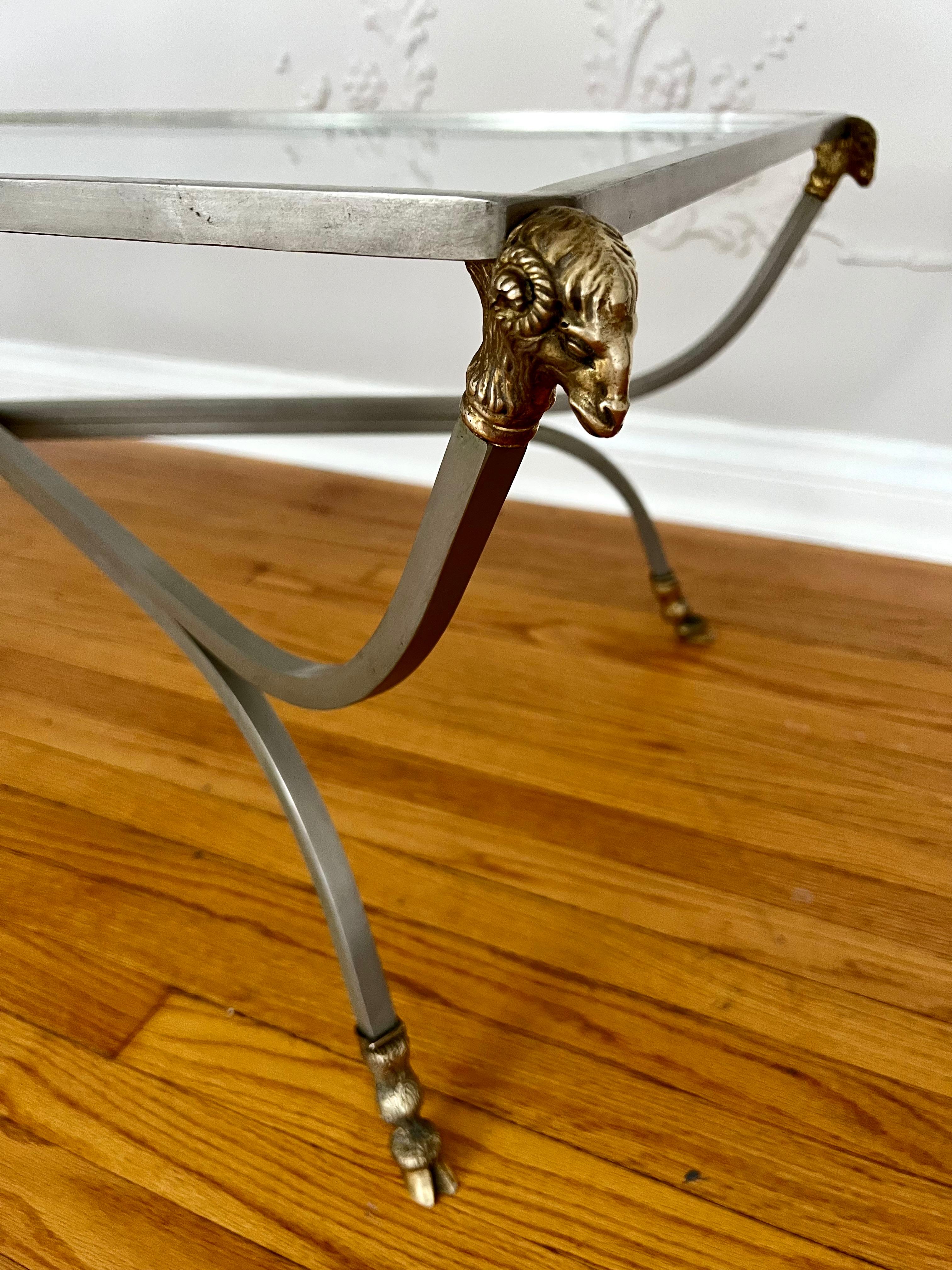 Maison Jansen Style Cocktail Table with Brass Rams Head and Hoof Detail  In Good Condition For Sale In Los Angeles, CA