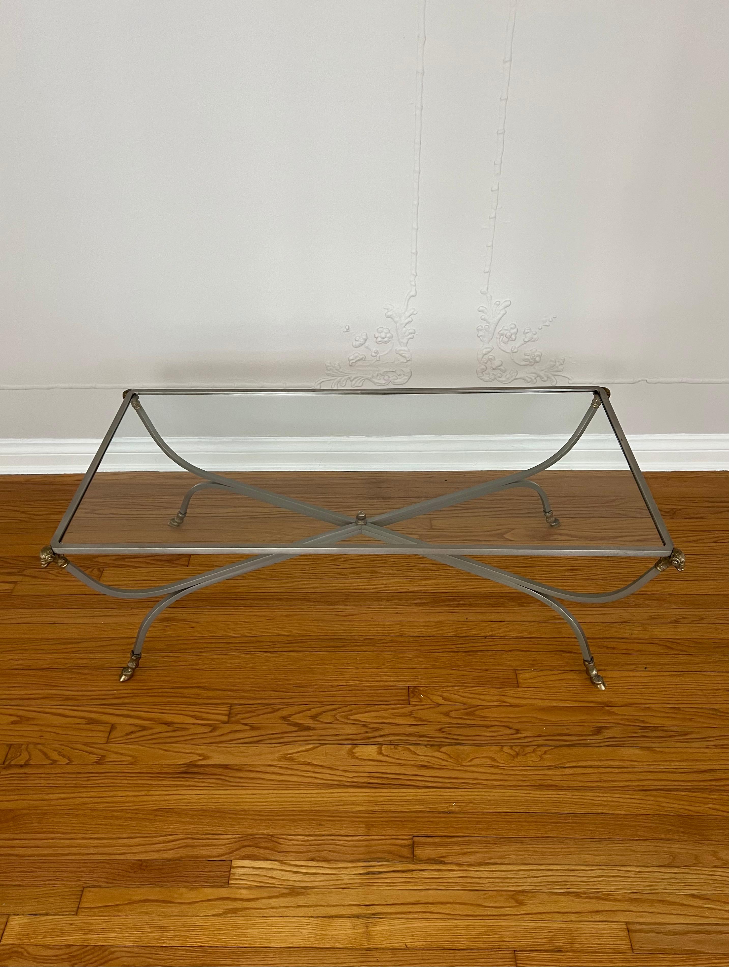 Glass Maison Jansen Style Cocktail Table with Brass Rams Head and Hoof Detail  For Sale