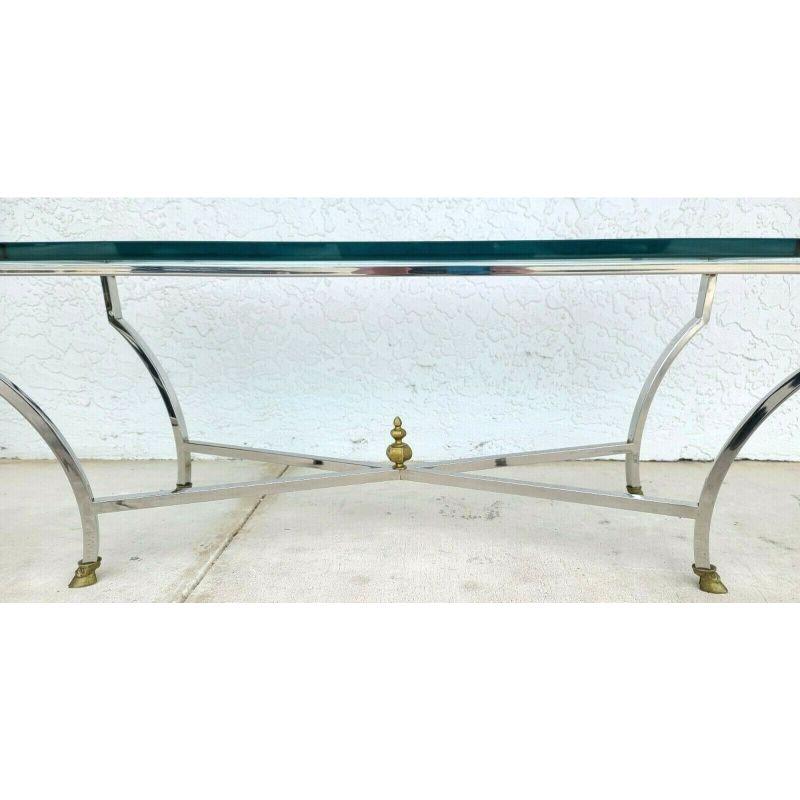 Maison Jansen Style Coffee Table Chrome & Glass Brass Hoof Feet In Good Condition For Sale In Lake Worth, FL