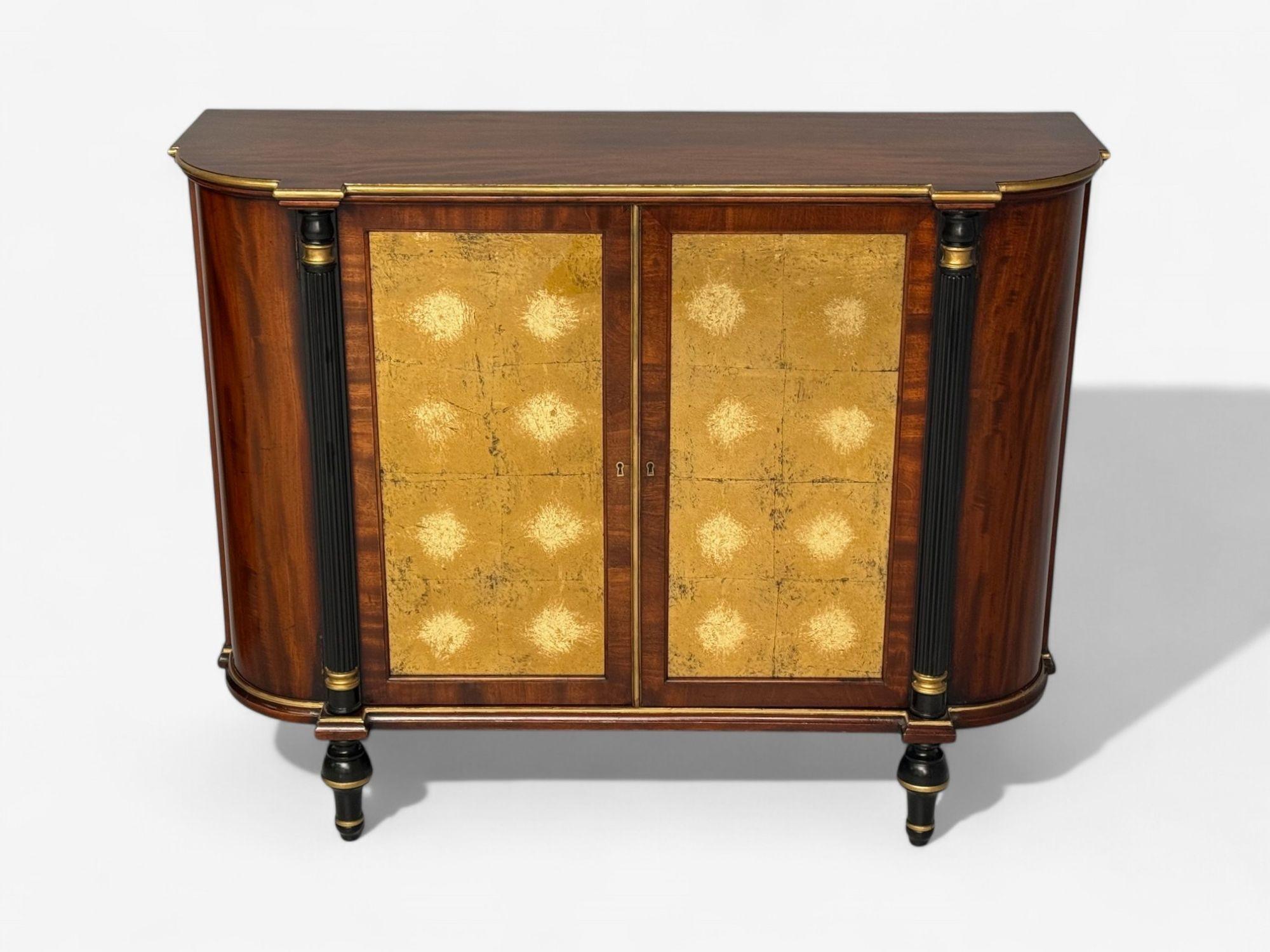 Hollywood Regency Maison Jansen Style, Console Table Cabinets, Flame Mahogany, Eglomise Glass For Sale