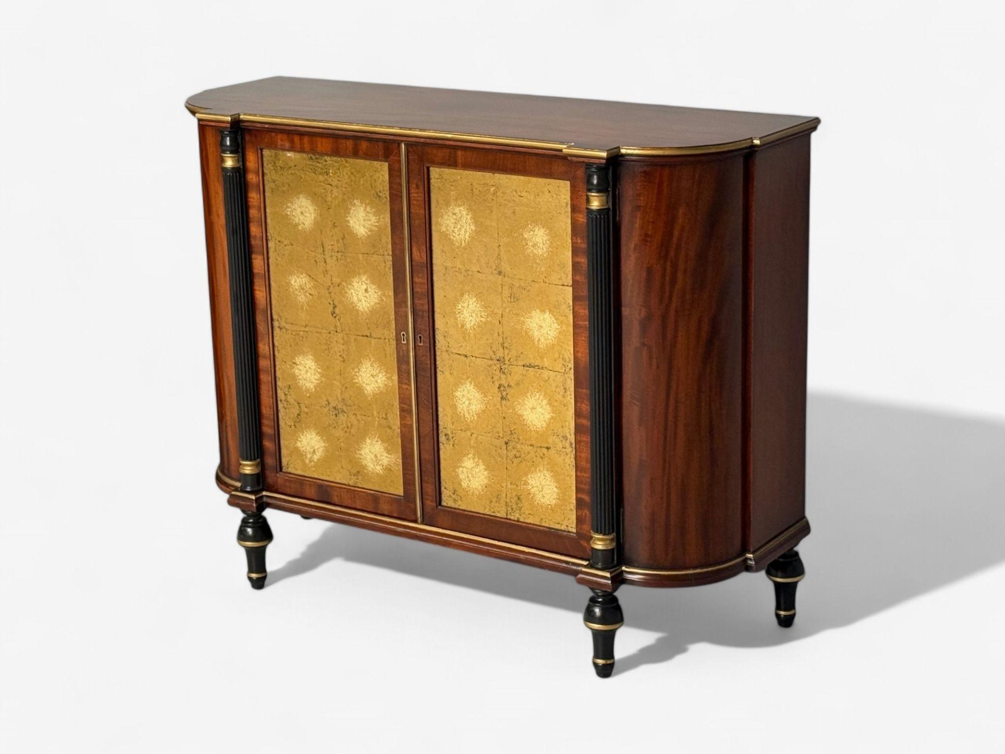 American Maison Jansen Style, Console Table Cabinets, Flame Mahogany, Eglomise Glass For Sale