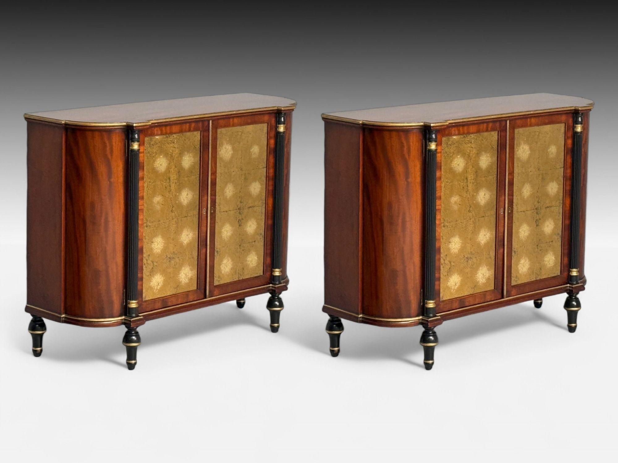 Maison Jansen Style, Console Table Cabinets, Flame Mahogany, Eglomise Glass In Good Condition For Sale In Manhasset, NY