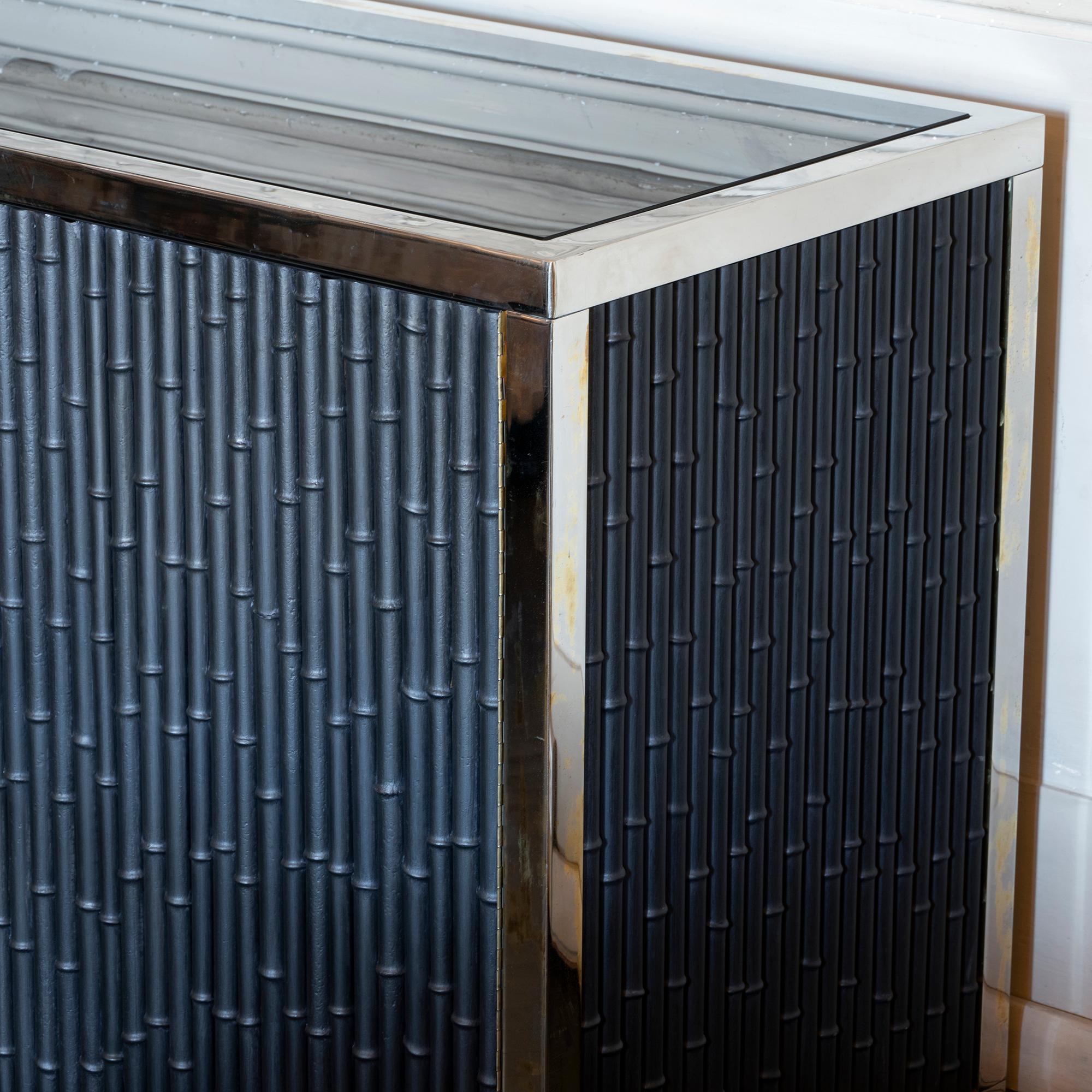 Mid-Century Modern Maison Jansen Style Credenza Chromed Brass and Black Steel Faux Bamboo, 1970s