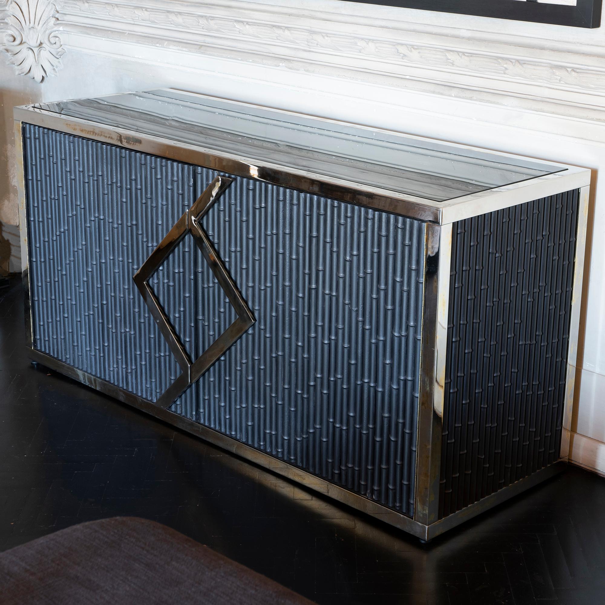 French Maison Jansen Style Credenza Chromed Brass and Black Steel Faux Bamboo, 1970s