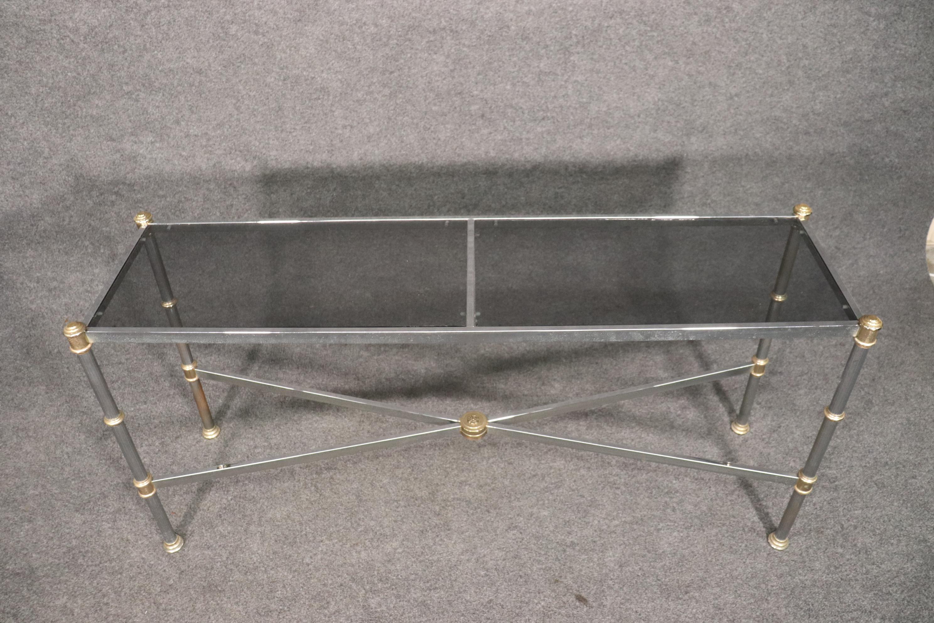 European Maison Jansen Style Directoire Chromed Steel Console Table with Smoked Glass  For Sale