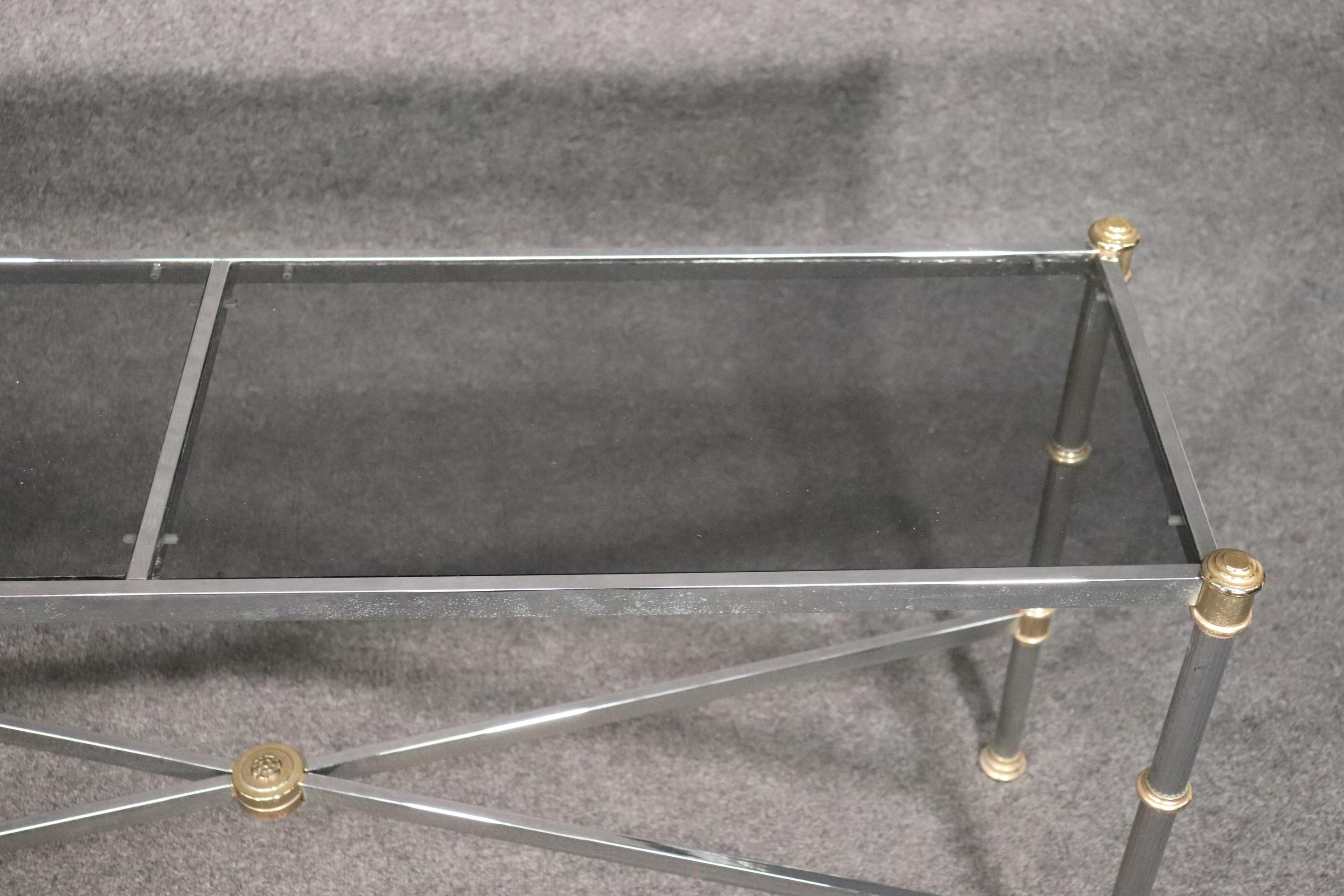 Cast Maison Jansen Style Directoire Chromed Steel Console Table with Smoked Glass  For Sale