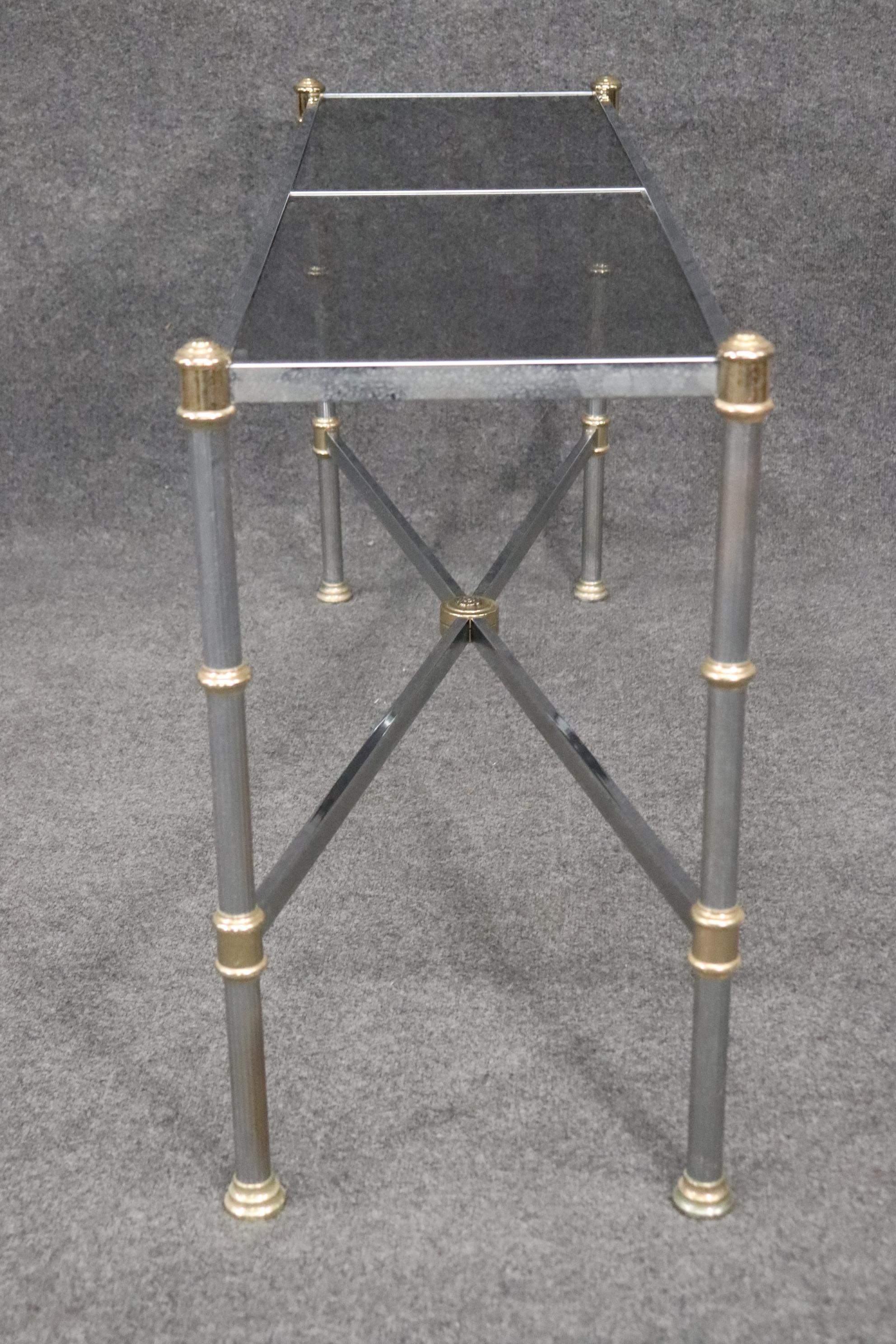 Brass Maison Jansen Style Directoire Chromed Steel Console Table with Smoked Glass