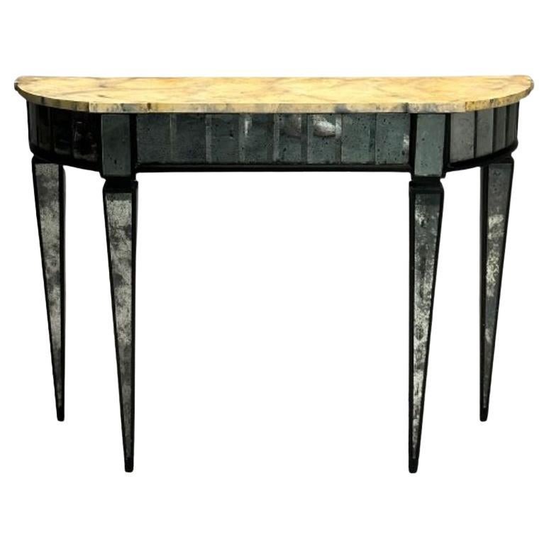 Maison Jansen Style, Directoire, Demilune Console Table, Distressed Mirror For Sale