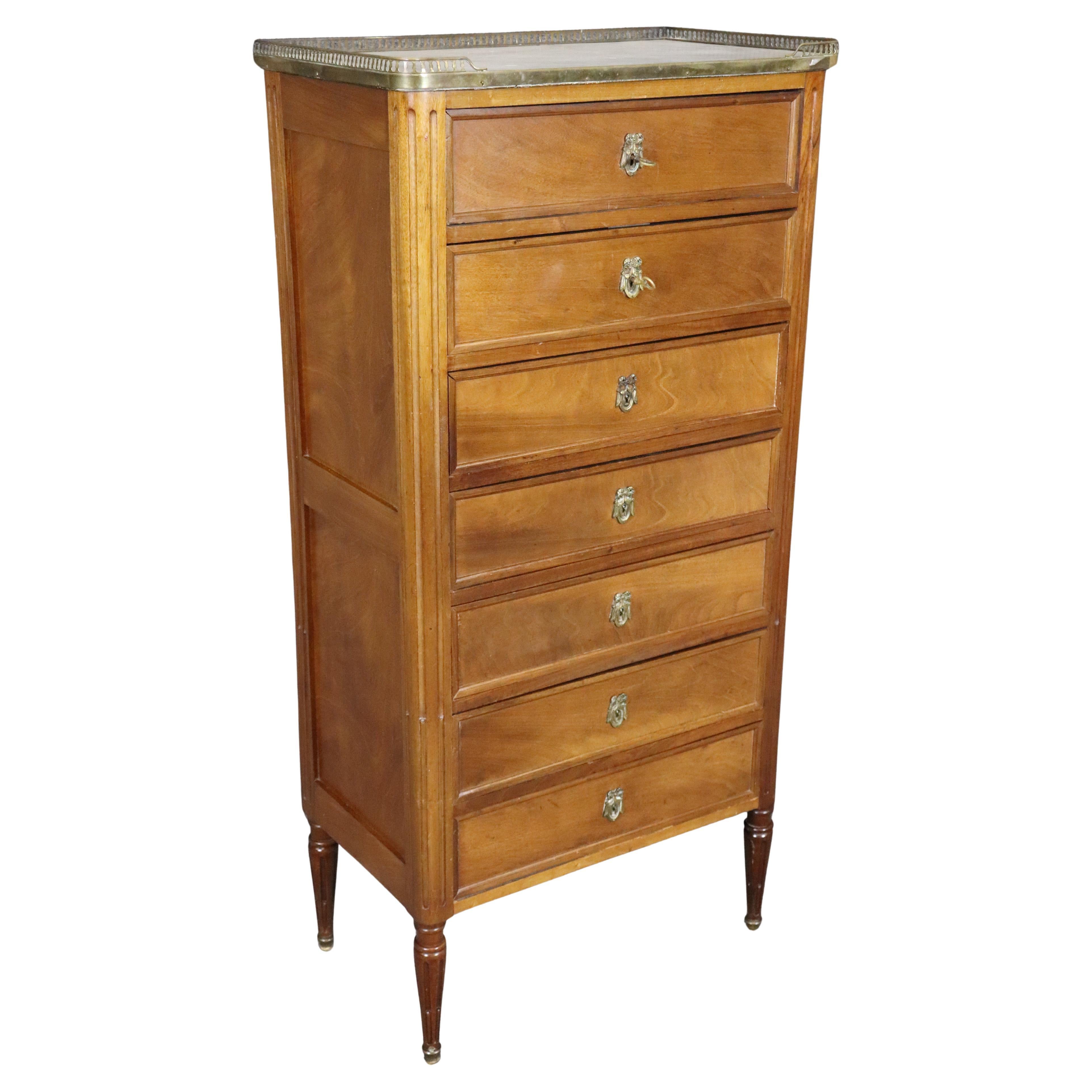 French Louis XVI Style Bronze Mounted Marble Top Mahogany High Chest C. 1940's