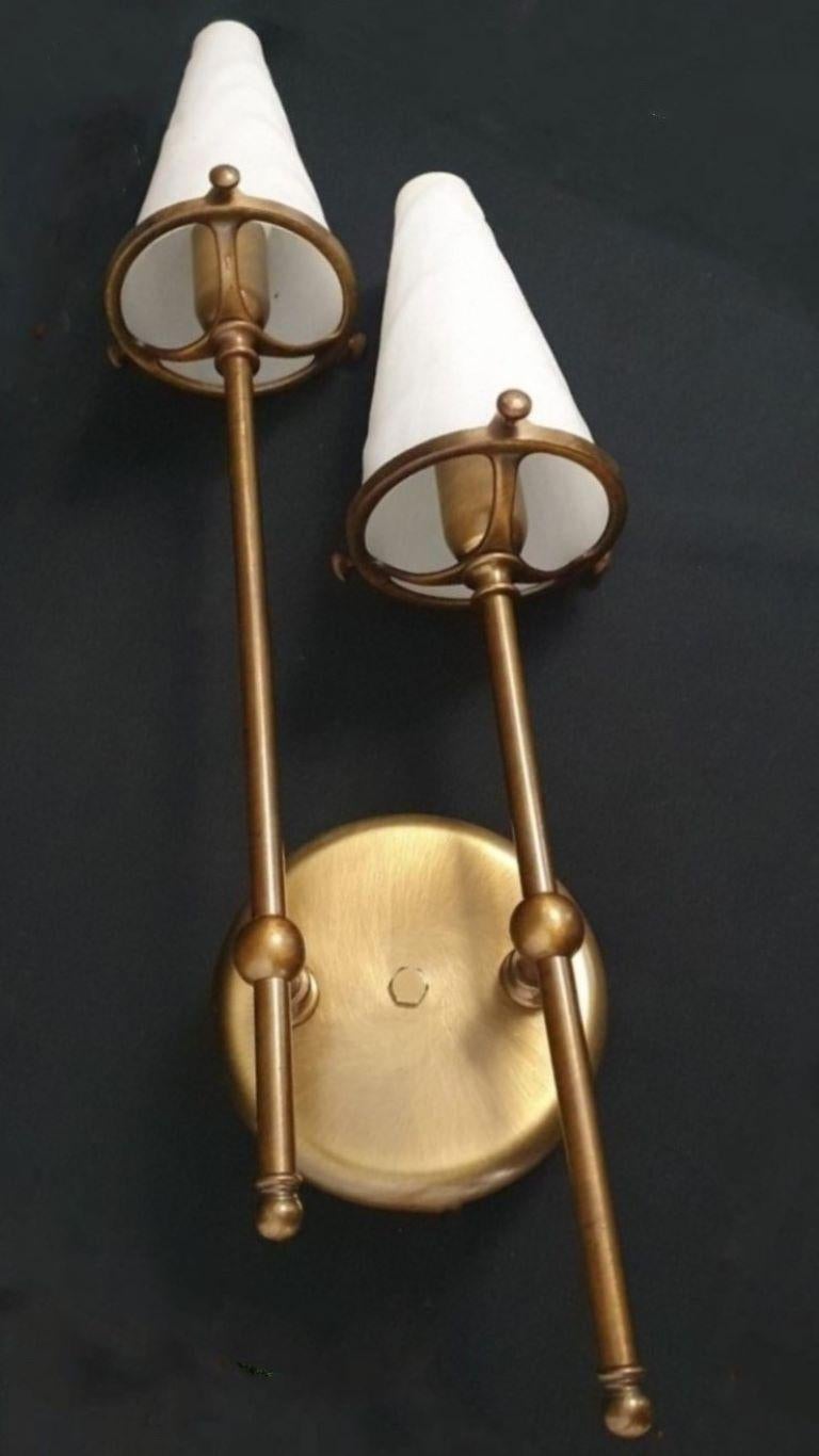 Art Deco Maison Jansen Style Double Brass Glass Wall Sconce, Wall Light France, 1950s For Sale