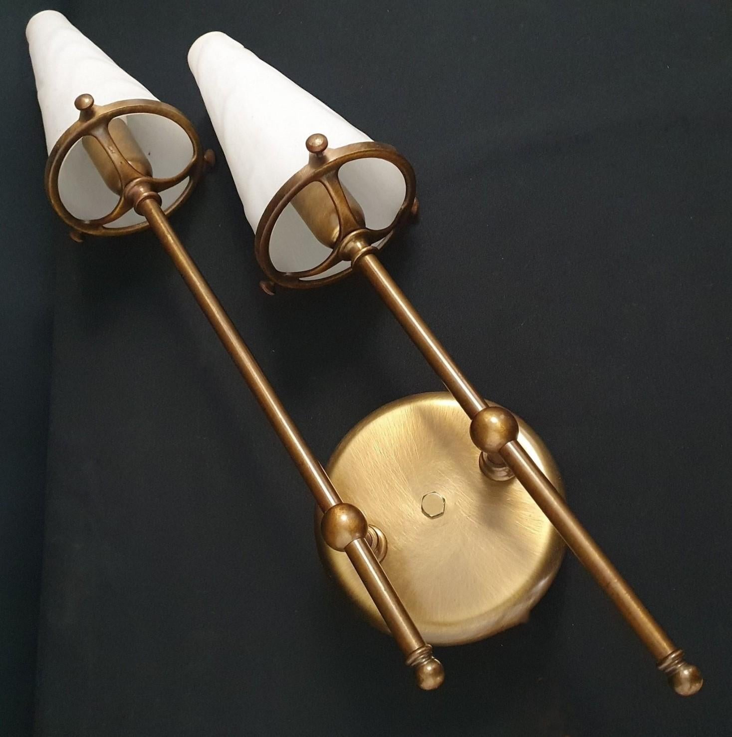 French Maison Jansen Style Double Brass Glass Wall Sconce, Wall Light France, 1950s For Sale
