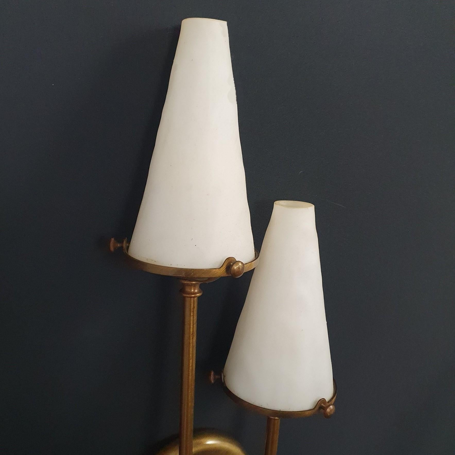 Bronzed Maison Jansen Style Double Brass Glass Wall Sconce, Wall Light France, 1950s For Sale