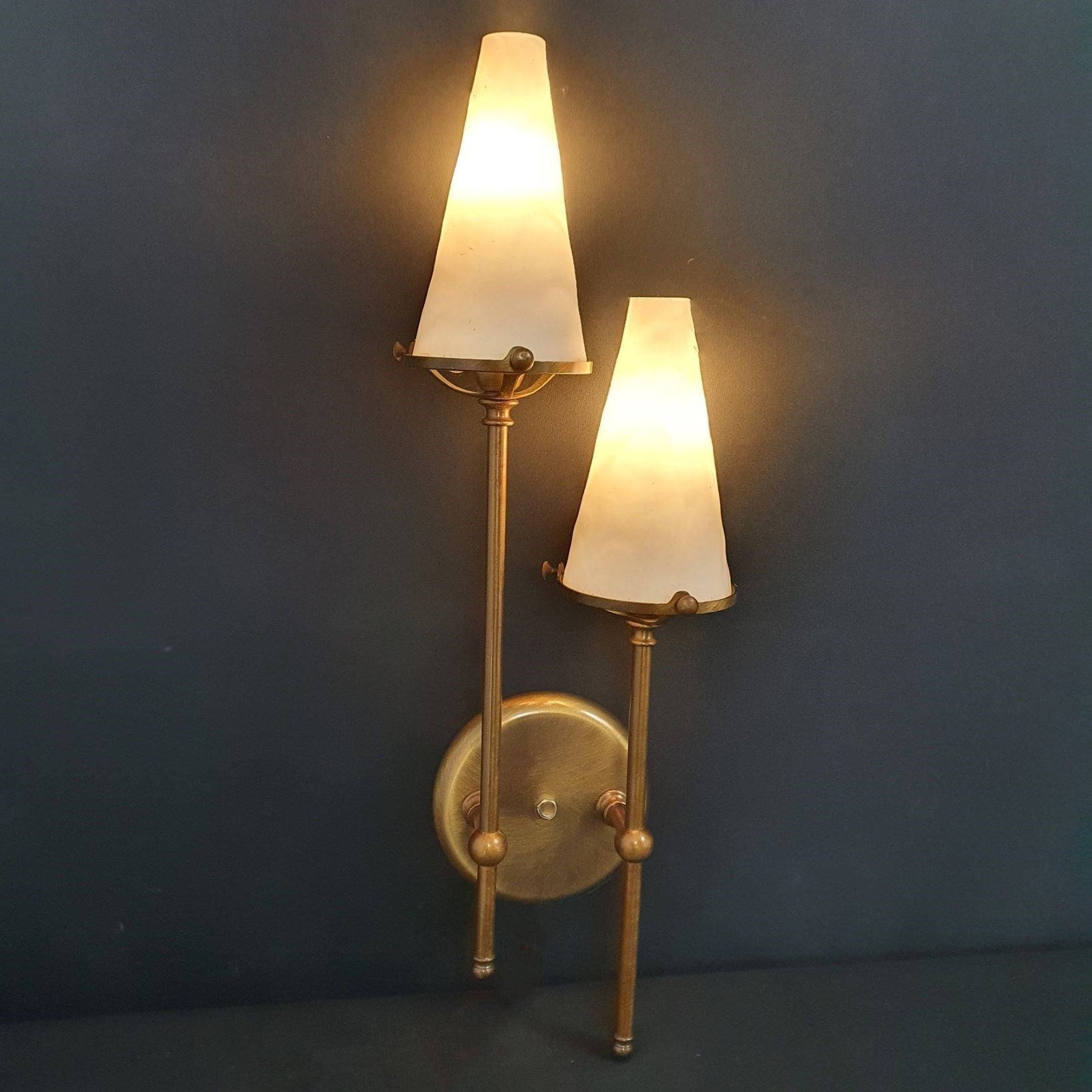 Maison Jansen Style Double Brass Glass Wall Sconce, Wall Light France, 1950s For Sale