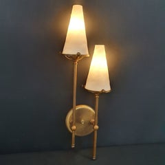 Vintage Maison Jansen Style Double Brass Glass Wall Sconce, Wall Light France, 1950s