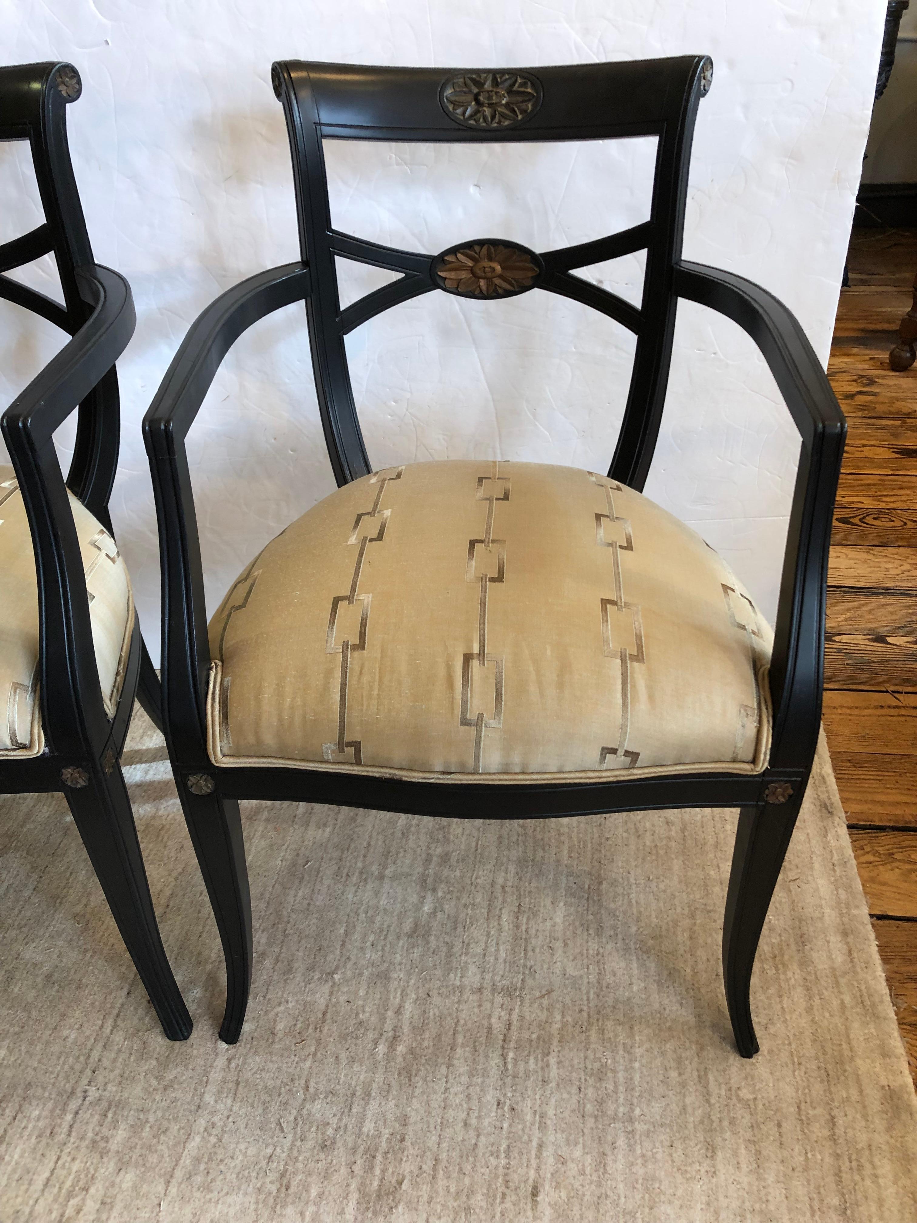 American Maison Jansen Style Ebonized & Upholstered Armchairs